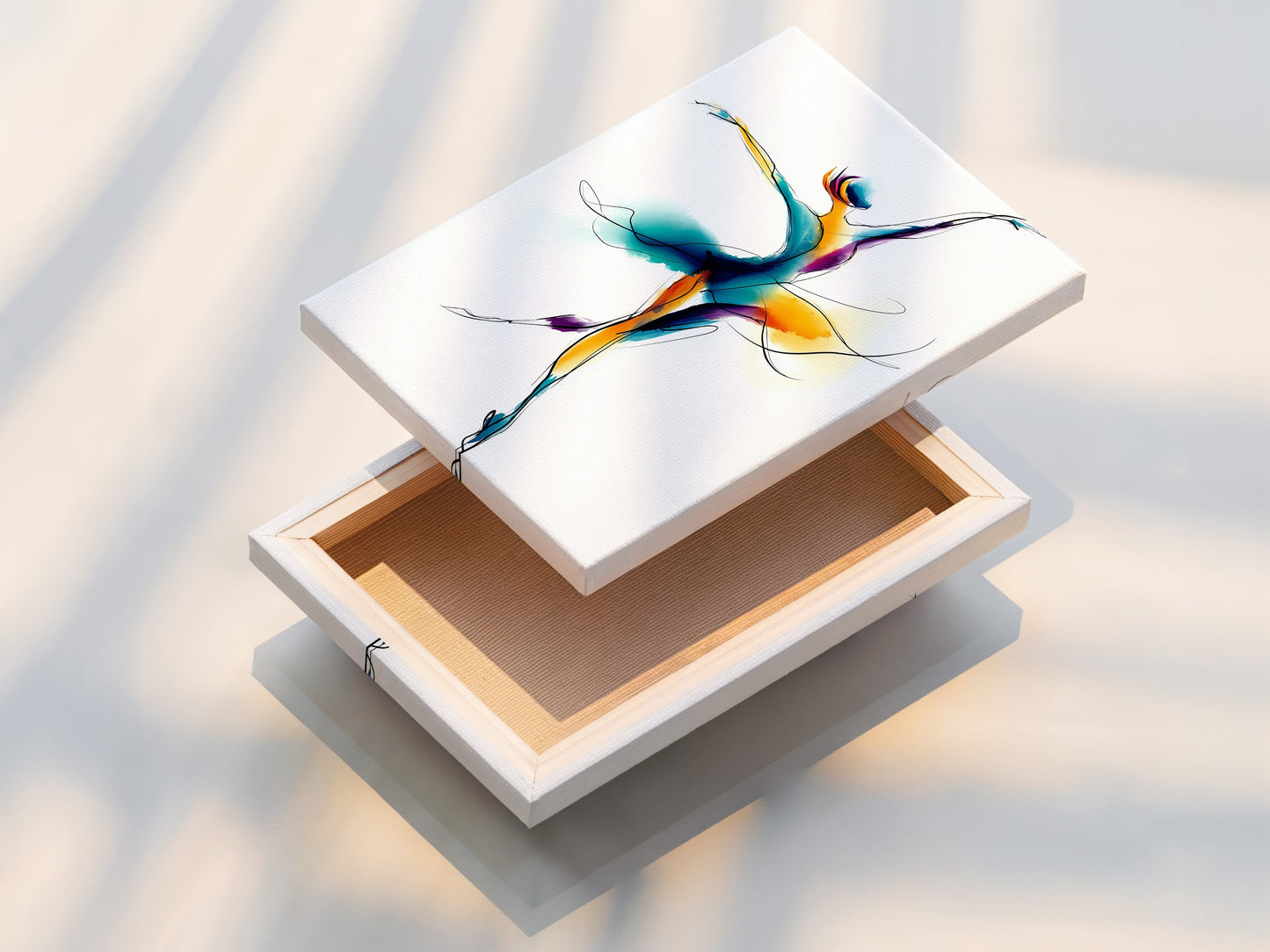 Stretched canvas print of a watercolor ballet dancer. This wall art features a watercolor dance illustration. Perfect contemporary movement artwork for a dance studio. The primary color is blue. The secondary color is gold. Consider this for your studio wall decor.