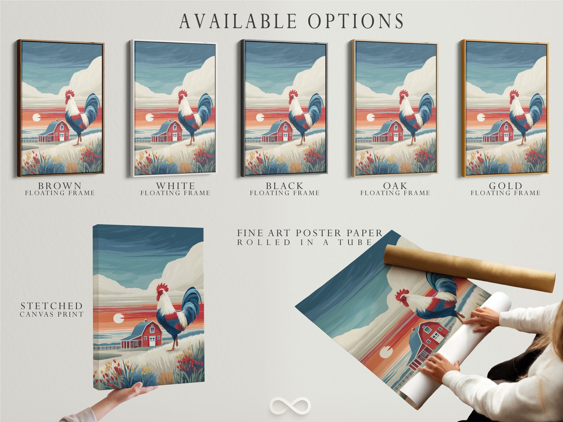 Available options for our rooster artwork. Choose from stretched canvas prints fine art poster paper or a floating frame. Farmhouse wall art to suit any style. Enhance your country kitchen or dining room. Order your art today.