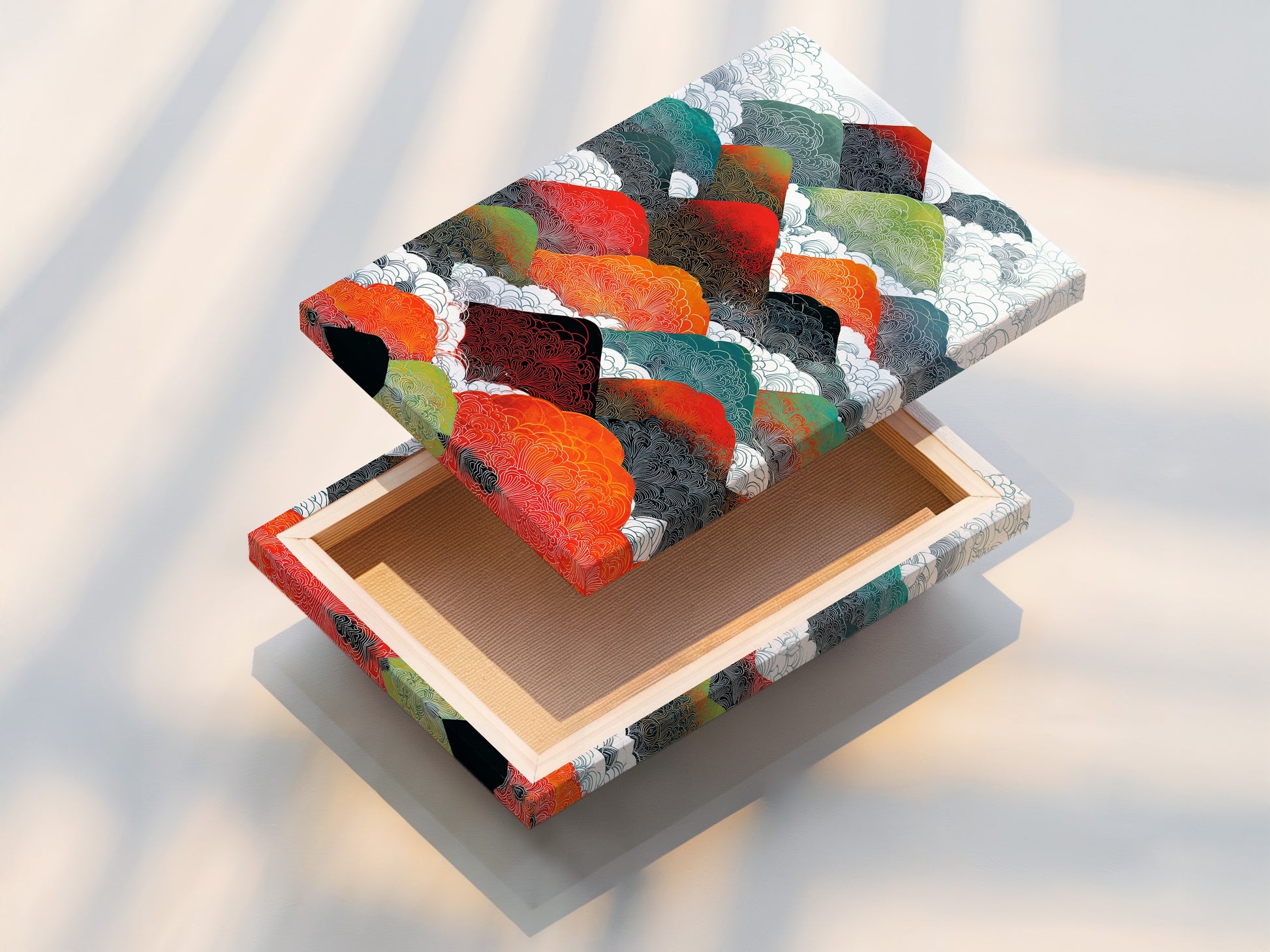 A stretched canvas print showcases a mountain range artwork. This abstract landscape canvas is ready to hang. This colorful nature wall decor adds a touch of modern elegance to any home office. The stretched canvas print offers a clean and contemporary look.