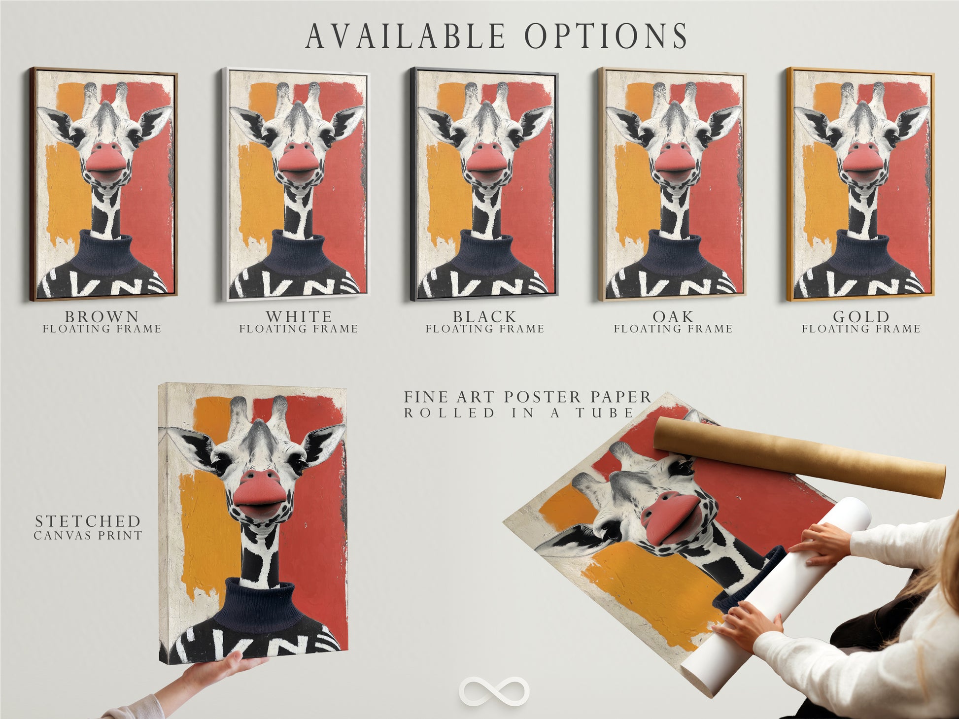 Available options for the Giraffe Portrait artwork are showcased. Choose from stretched canvas prints fine art poster paper or floating frames. The quirky wildlife art is perfect for kids room decor. The modern animal art has a coral orange background. Select the perfect style for your space.