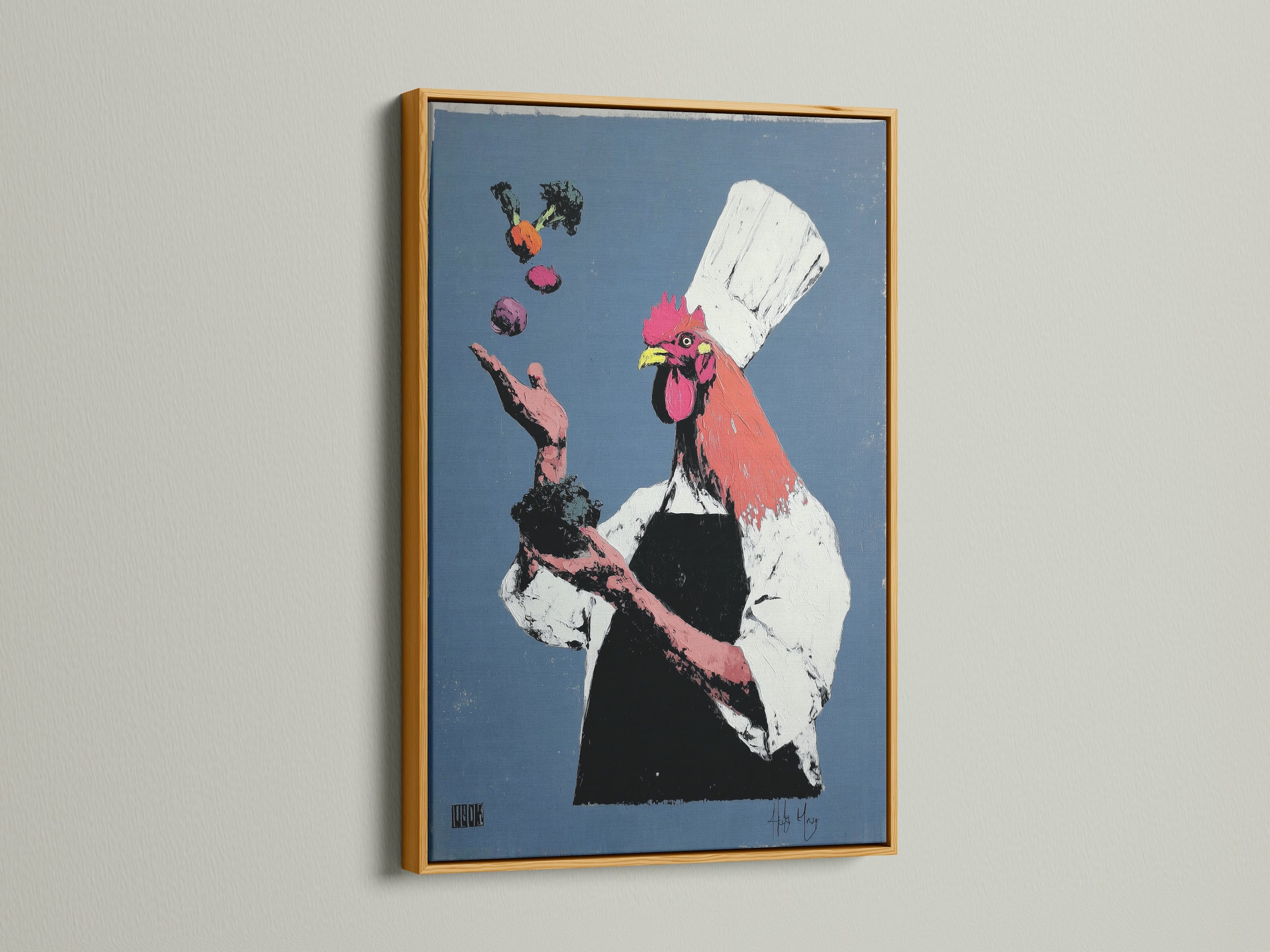 Rooster Chef canvas artwork in a gold frame. The gold frame adds a touch of luxury to this whimsical piece. Ideal for enhancing your dining room or kitchen with a touch of elegance. This animal chef print is sure to impress. View this opulent gold frame option.