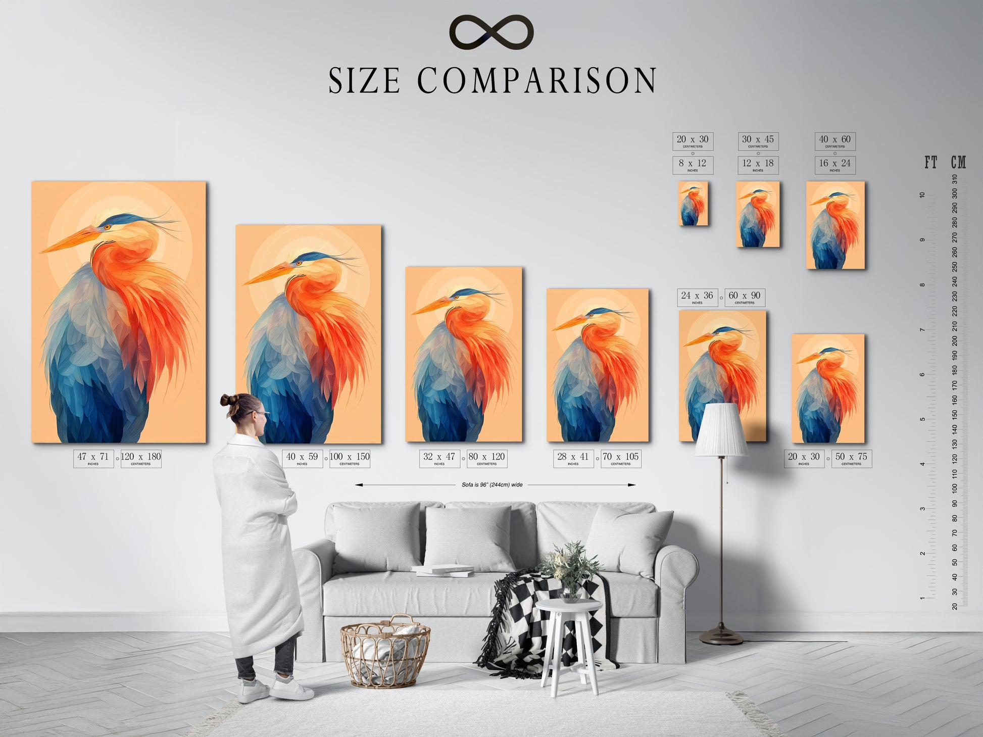 Size comparison chart in an interior setting. It showcases various sizes of the heron art print. Visualize the perfect fit for your wall. Choose from different sizes of coastal wall art. Find the ideal bird canvas print to complement your space. The size chart helps you make the right decision for your modern art print.