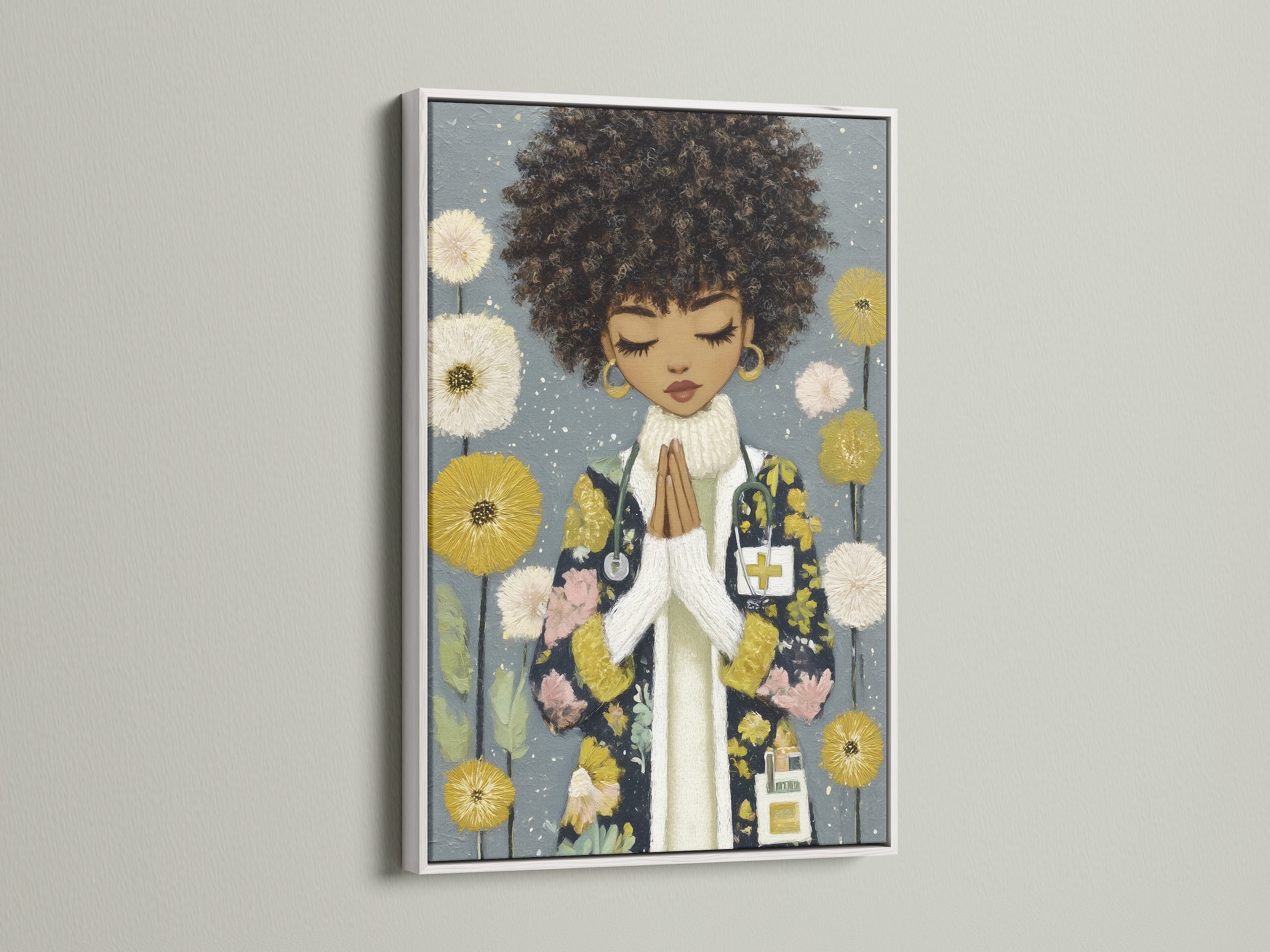 African American Spiritual Artwork in a white frame. This afrocentric print brings a touch of serenity. The Black Girl Prayer Art Print is ideal for meditation decor. Add this inspirational art to your clinic art collection.