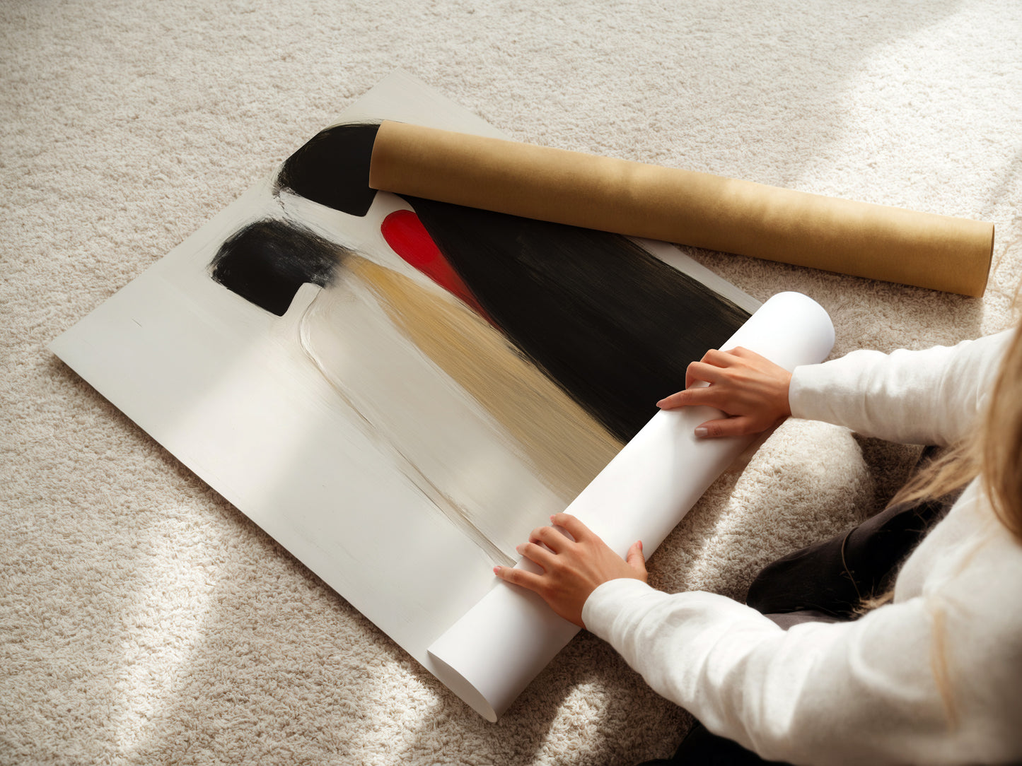 A woman is carefully rolling a fine art poster paper print. The paper showcases an abstract couple art print. This ensures safe delivery of your minimalist love artwork. Get ready to enhance your home decor with this modern masterpiece.
