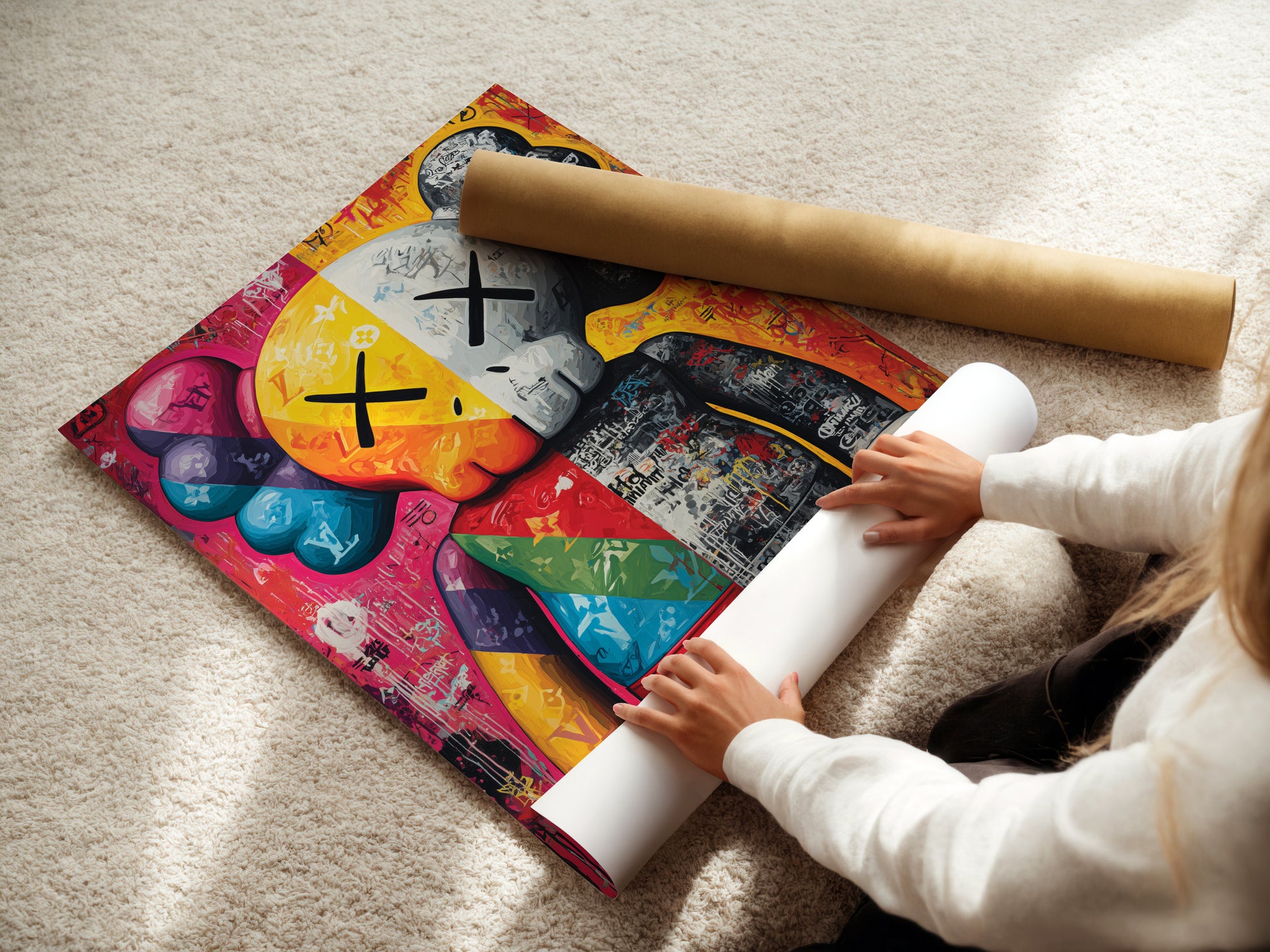 A woman carefully rolling a fine art poster paper of the KAWS Companion artwork. The pop art graffiti poster is ready for display. This urban art print will add bold wall decor to any living space.