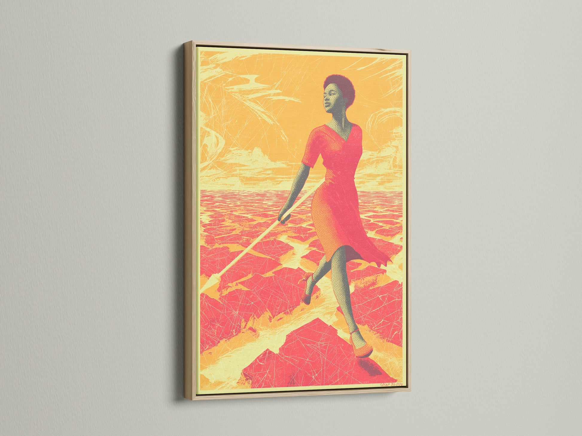 A close-up view of the African Woman Art Print in an oak frame. The artwork shows a desert sunset canvas print. The warm tones enhance any living space. Perfect figure wall art for contemporary homes.