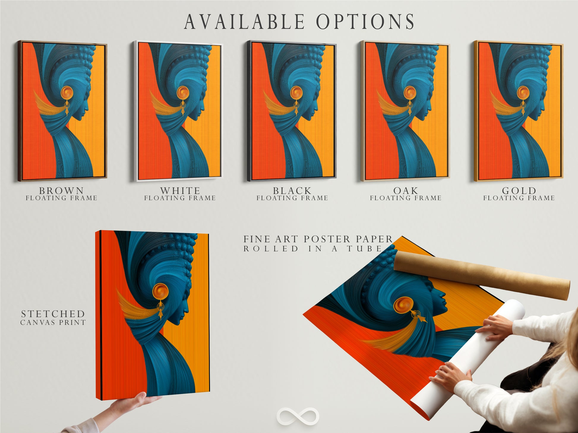 Explore available options for this abstract woman artwork. Choose from a stretched canvas print fine art poster paper or floating frame. Tailor the teal and orange modern portrait. Match your decor preferences with these versatile art choices.