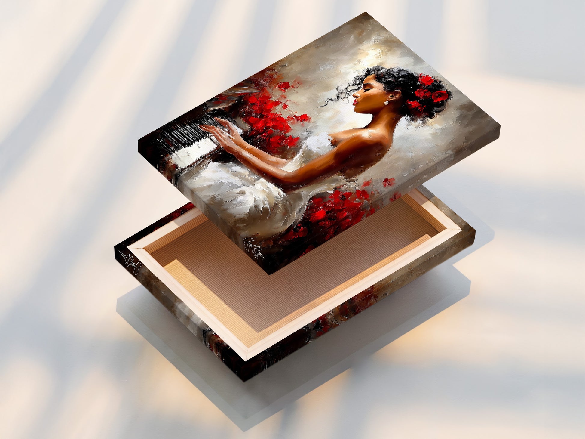 This is a stretched canvas print. The canvas is tightly stretched over a frame. The artwork is ready to hang. It will give a gallery-wrapped look. The artwork features a woman playing piano. The canvas print enhances the artwork's texture.
