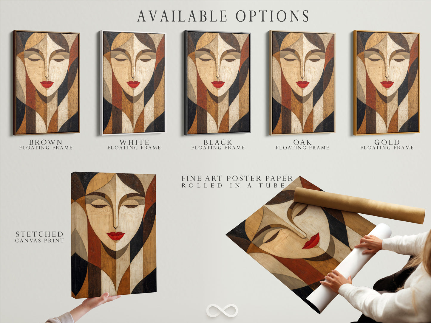 Available options for artwork are showcased. Stretched canvas prints are displayed. Fine art poster paper is presented. Floating frames are highlighted. This variety caters to different preferences. It allows customization to suit individual tastes.