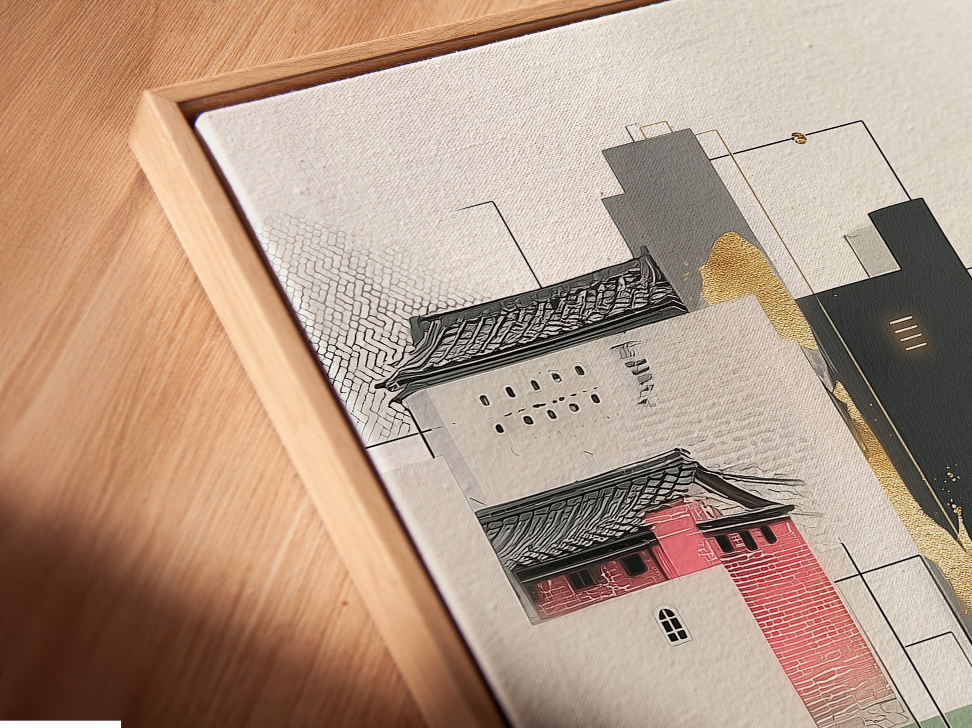 A close-up of a canvas print in a floating frame showcasing an abstract cityscape artwork. The geometric wall art enhances modern architecture. This minimalist art piece is perfect for office decor. Notice the neutral tones and subtle gold accents. Discover the beauty of this contemporary art for your home or office. Ideal for scandi decor enthusiasts.