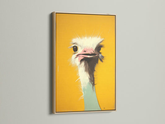 A close up view of a striking ostrich art print in an oak frame. The frame enhances the artwork's natural tones. This piece adds warmth and character to your living space. Find framed art today.