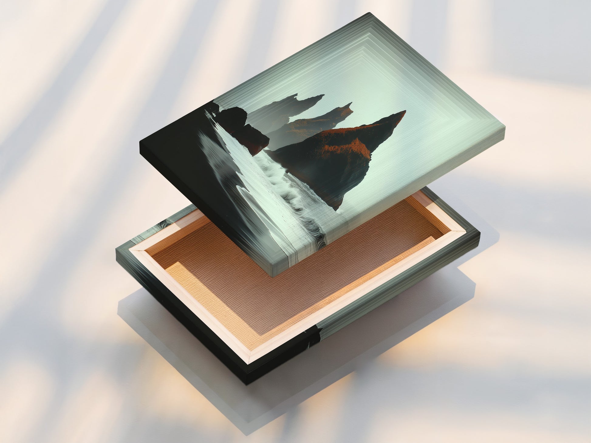 Stretched canvas print of Iceland Black Sand Beach artwork. The minimalist nature art transforms your space. This coastal canvas is perfect for any room. The black and gray tones complement any decor.