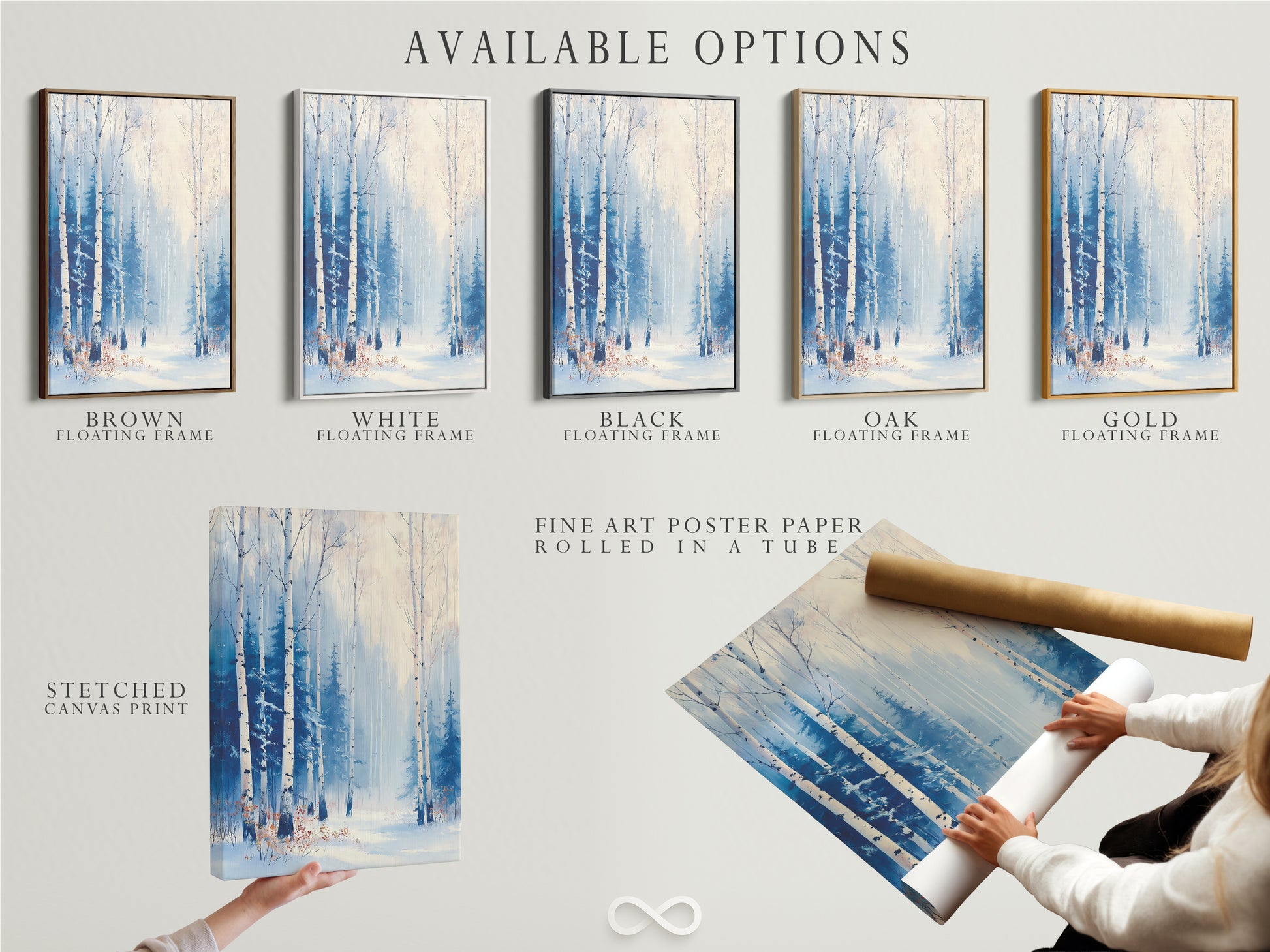 Available options for the Winter Forest artwork. Choose from a stretched canvas print fine art poster paper or a floating frame. Each option enhances the snowy birch tree wall art in its own unique way. Find your perfect style.