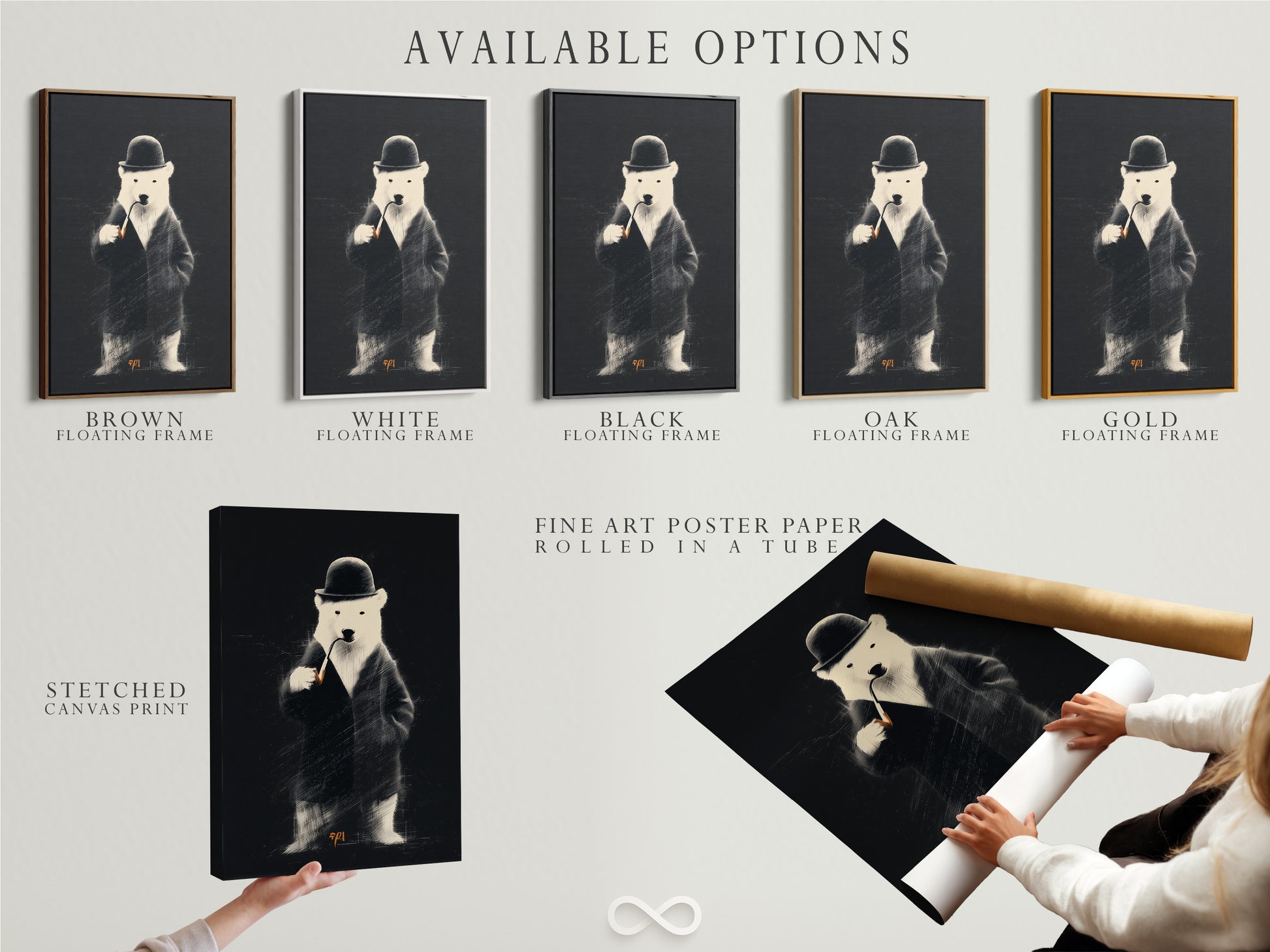 Various art display options are shown. Options include a stretched canvas print. Also available is fine art poster paper. A floating frame is another option. Choose the perfect format for your art.