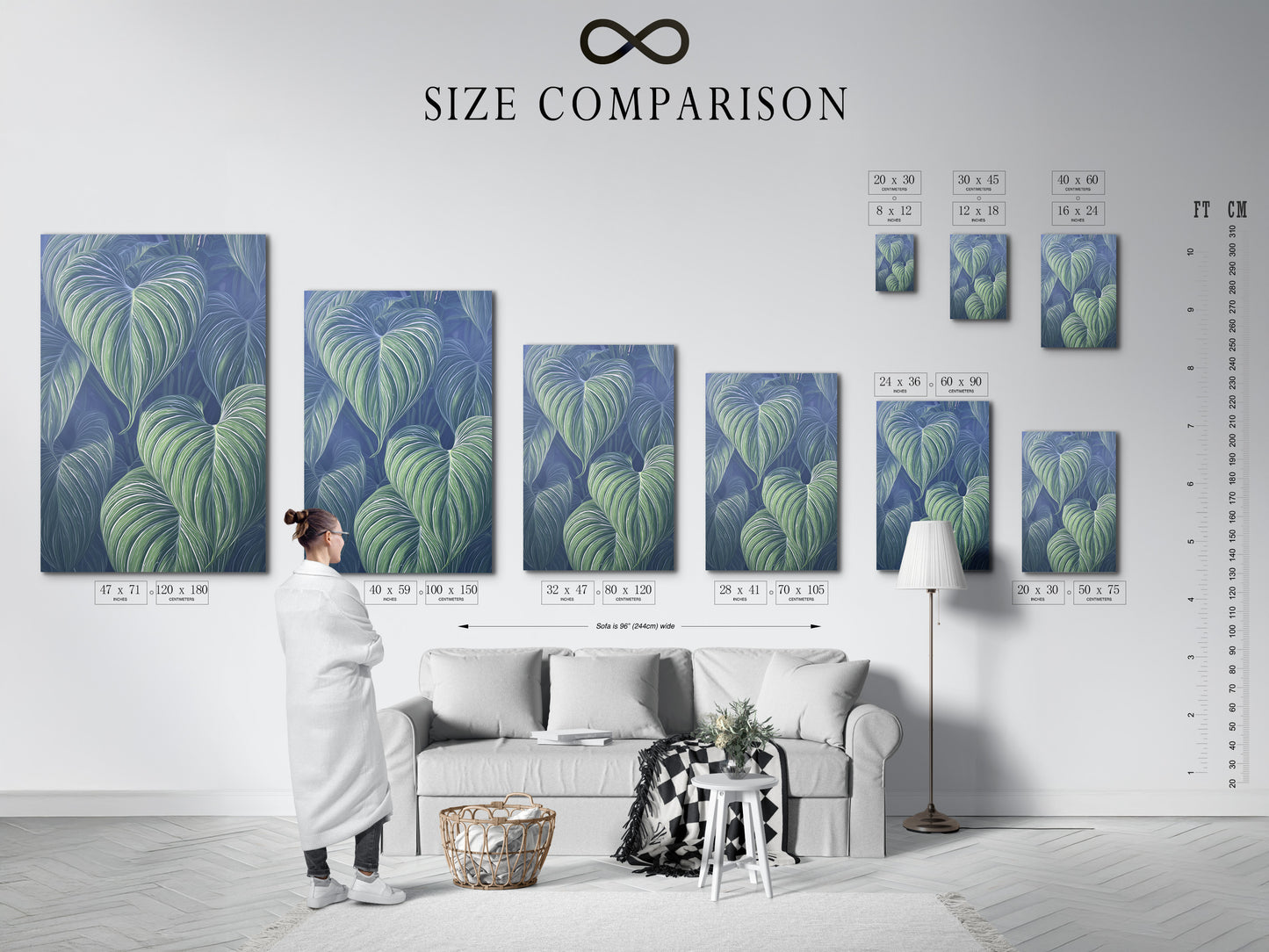 A size comparison chart is displayed in an interior setting. It shows the scale of the tropical leaf art. This chart helps visualize the plant wall art. Choose the perfect size for your room. See how it fits your space.