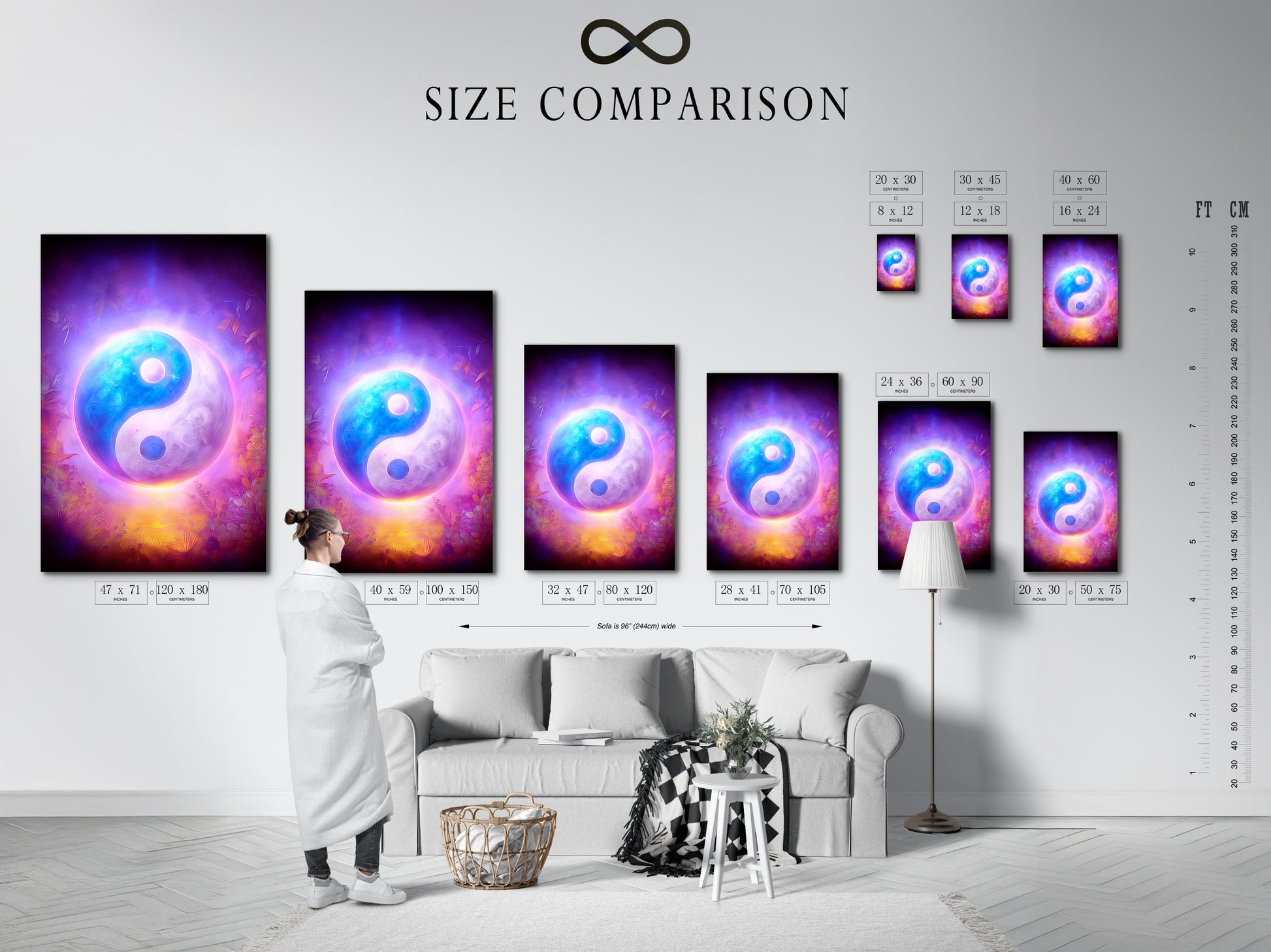 A size comparison chart is displayed in an interior setting. Various sizes of the Yin Yang art are shown. The cosmic purple and blue zen decor fits any space. This spiritual artwork is available in multiple dimensions. Find the perfect fit for your wall art needs.