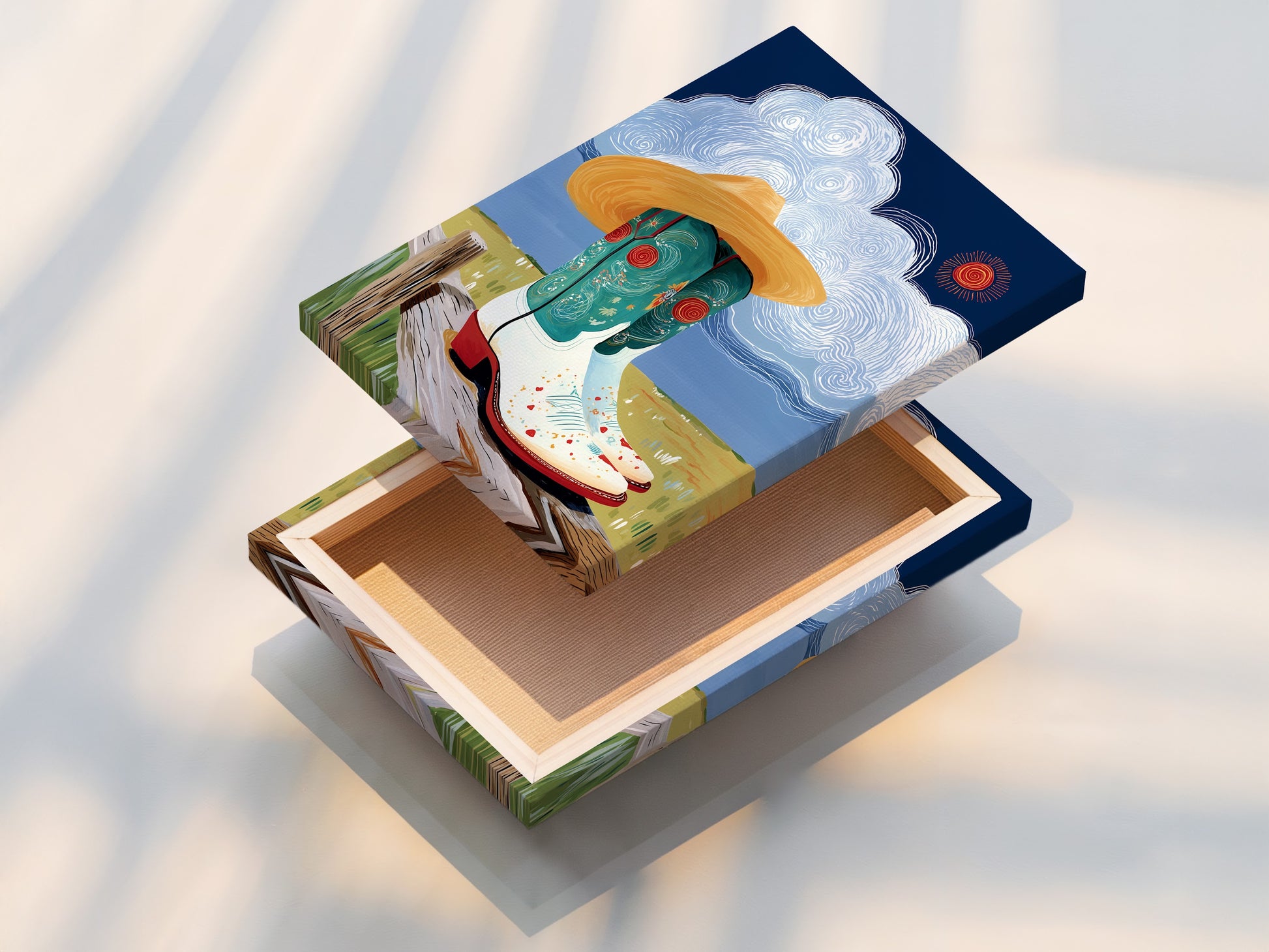 A stretched canvas print of the Cowgirl Boots art. Perfect for western style wall decor. The canvas brings out the colors. Ideal for countrycore decor and farmhouse art. Ready to hang for an instant upgrade.