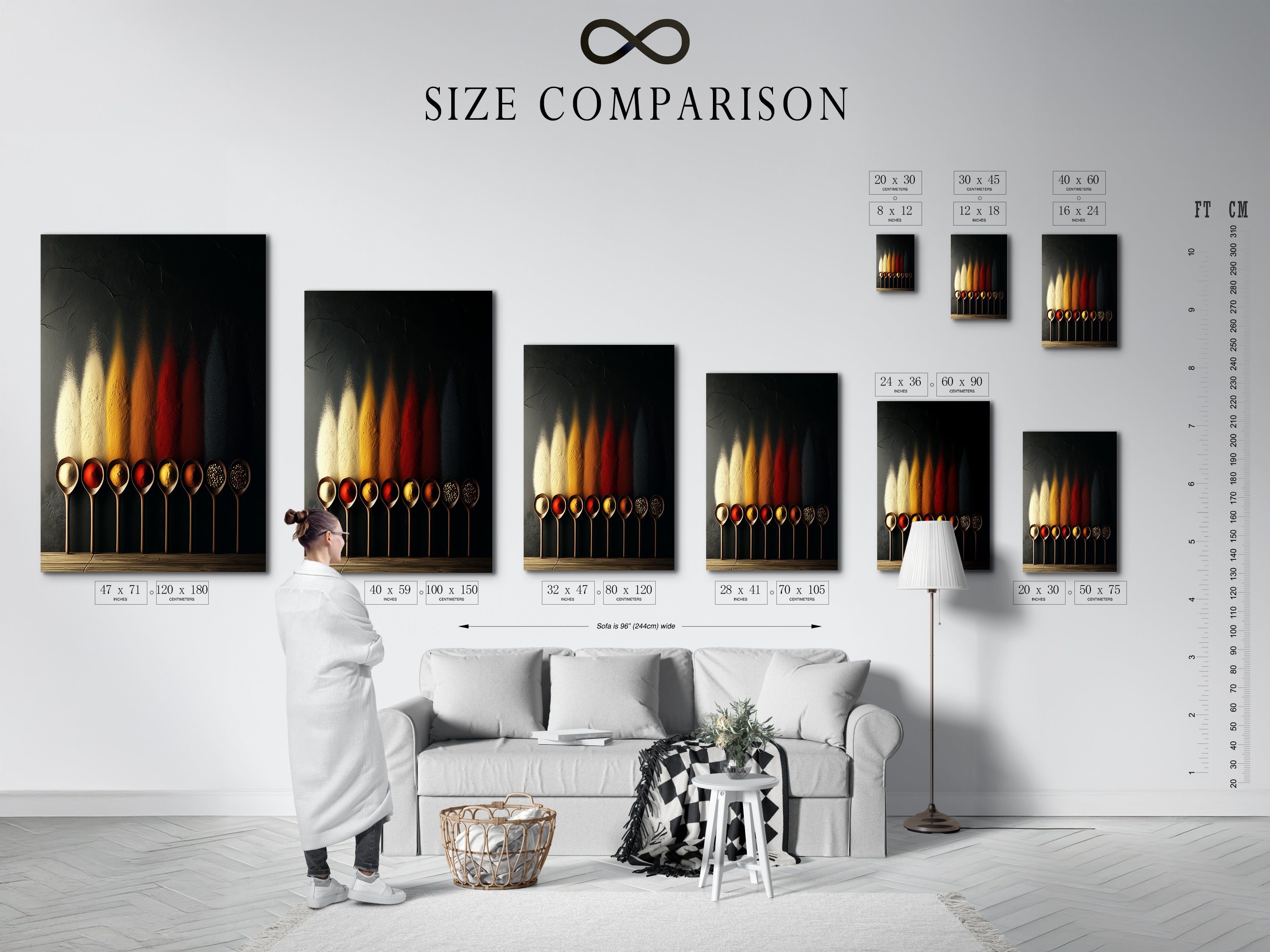 Size comparison chart in a modern interior setting showcasing the Spice Spoons wall art. Visualize how this culinary canvas fits in your space. Perfect for foodies and chefs looking to enhance their decor. Sophisticated wall decor for minimalist modern or industrial spaces.