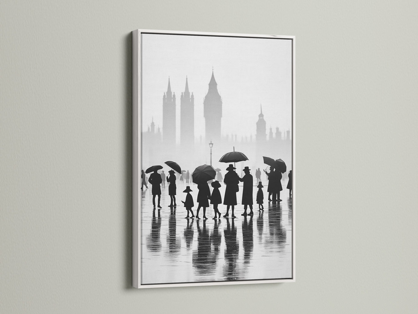 Brighten your walls with our white framed London canvas print. This black and white cityscape art is perfect for any room. Enjoy the rainy day urban photography. It offers a minimalist and clean aesthetic. A stunning piece of England art