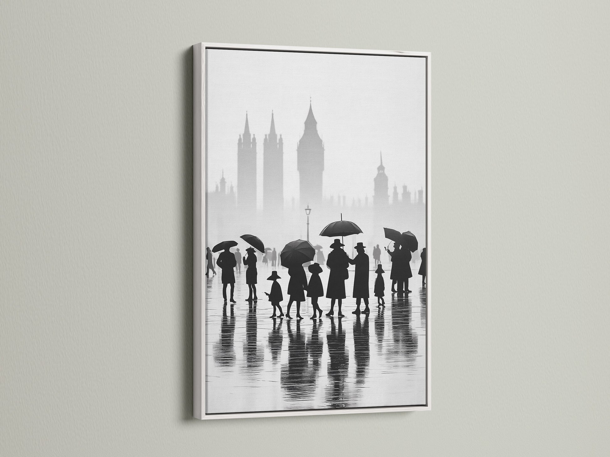 Brighten your walls with our white framed London canvas print. This black and white cityscape art is perfect for any room. Enjoy the rainy day urban photography. It offers a minimalist and clean aesthetic. A stunning piece of England art