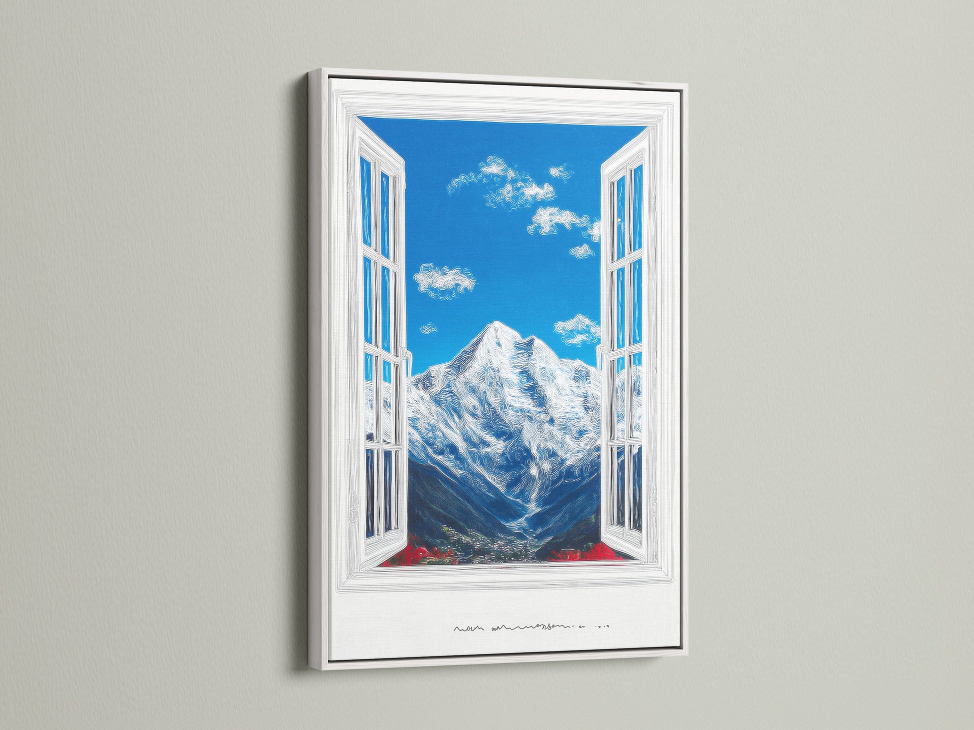 A mountain view artwork is framed in white. The artwork features a bright blue sky with fluffy clouds. A snow-capped mountain is visible through an open window. It's a serene nature artwork. The peaks print adds beauty.