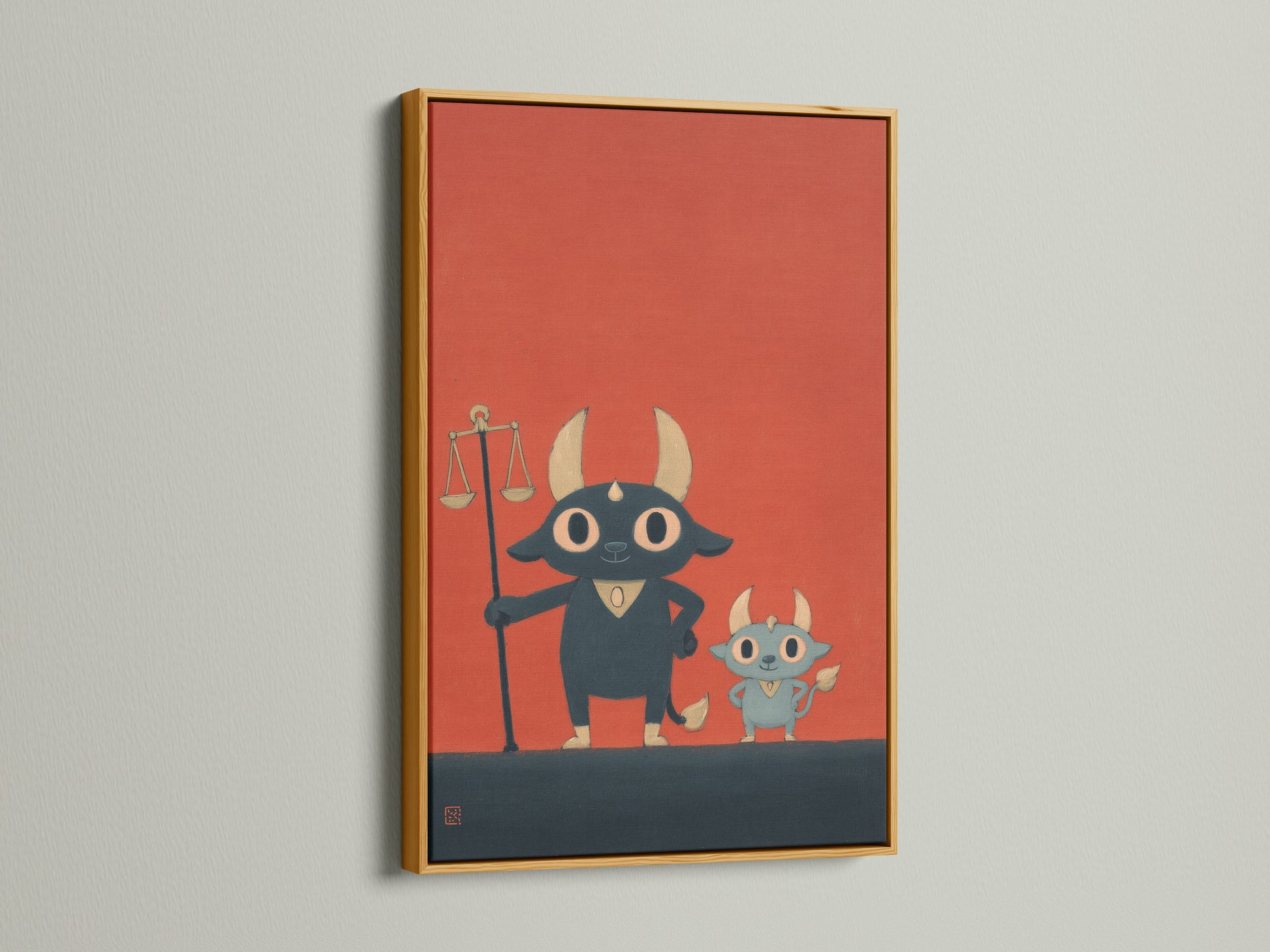 This Justice Bull artwork is framed in gold. The art print features a kawaii theme. It's perfect for adding a touch of elegance to legal office decor. This makes a sophisticated lawyer gift. The cute animal print is eye-catching. This cartoon legal art stands out.