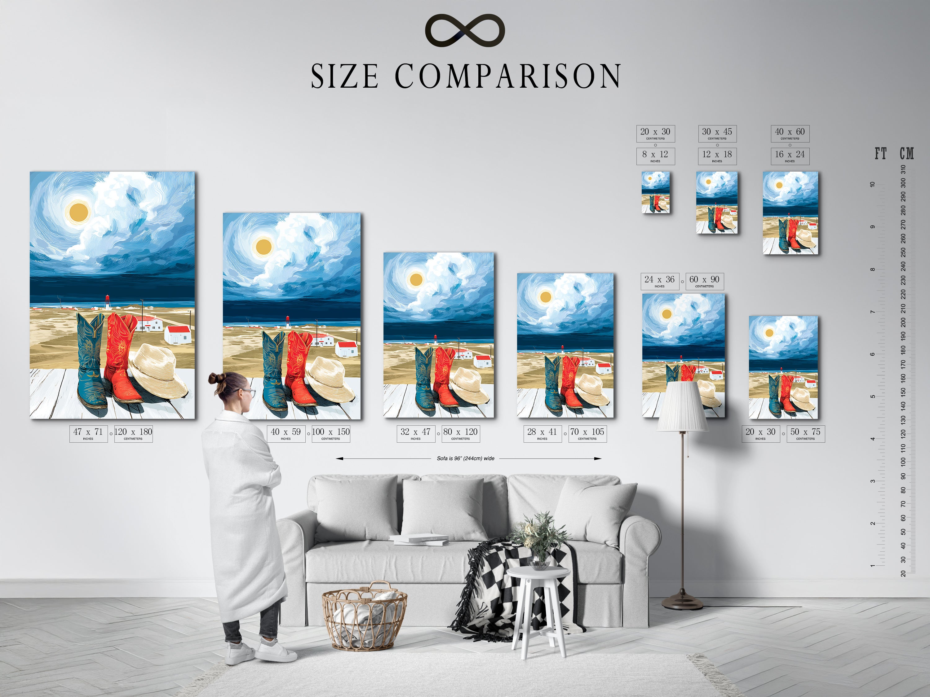 Size comparison chart in an interior setting showcasing the Coastal Cowboy Boots artwork. Visualize how different sizes fit in your space. Find the perfect size for your living room or entryway. See the impact of our artwork on your walls.
