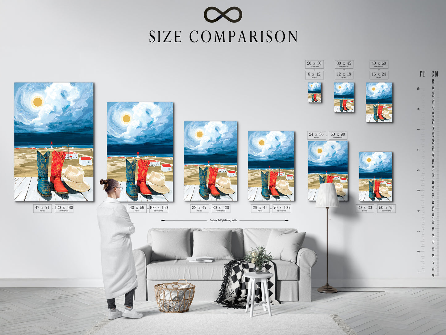 Size comparison chart in an interior setting showcasing the Coastal Cowboy Boots artwork. Visualize how different sizes fit in your space. Find the perfect size for your living room or entryway. See the impact of our artwork on your walls.