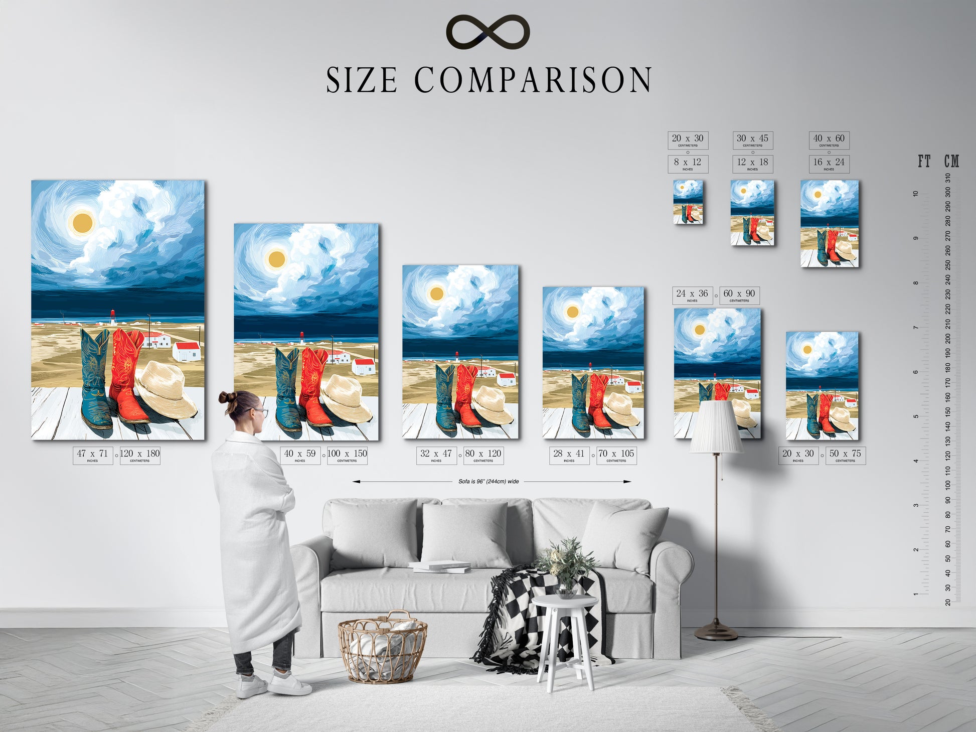 Size comparison chart in an interior setting showcasing the Coastal Cowboy Boots artwork. Visualize how different sizes fit in your space. Find the perfect size for your living room or entryway. See the impact of our artwork on your walls.