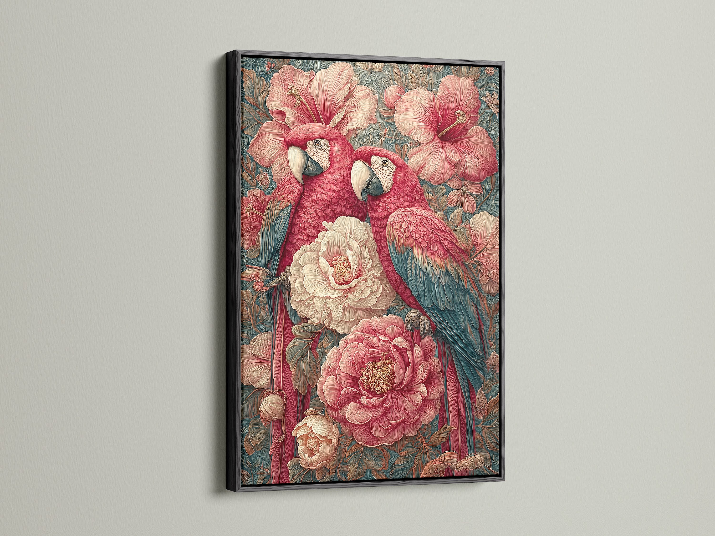 Tropical parrot artwork is displayed in a black frame. This bird wall decor is perfect for any room. The tropical wall art is a vintage botanical print. This artwork will elevate your home decor. It will also enhance your office space.