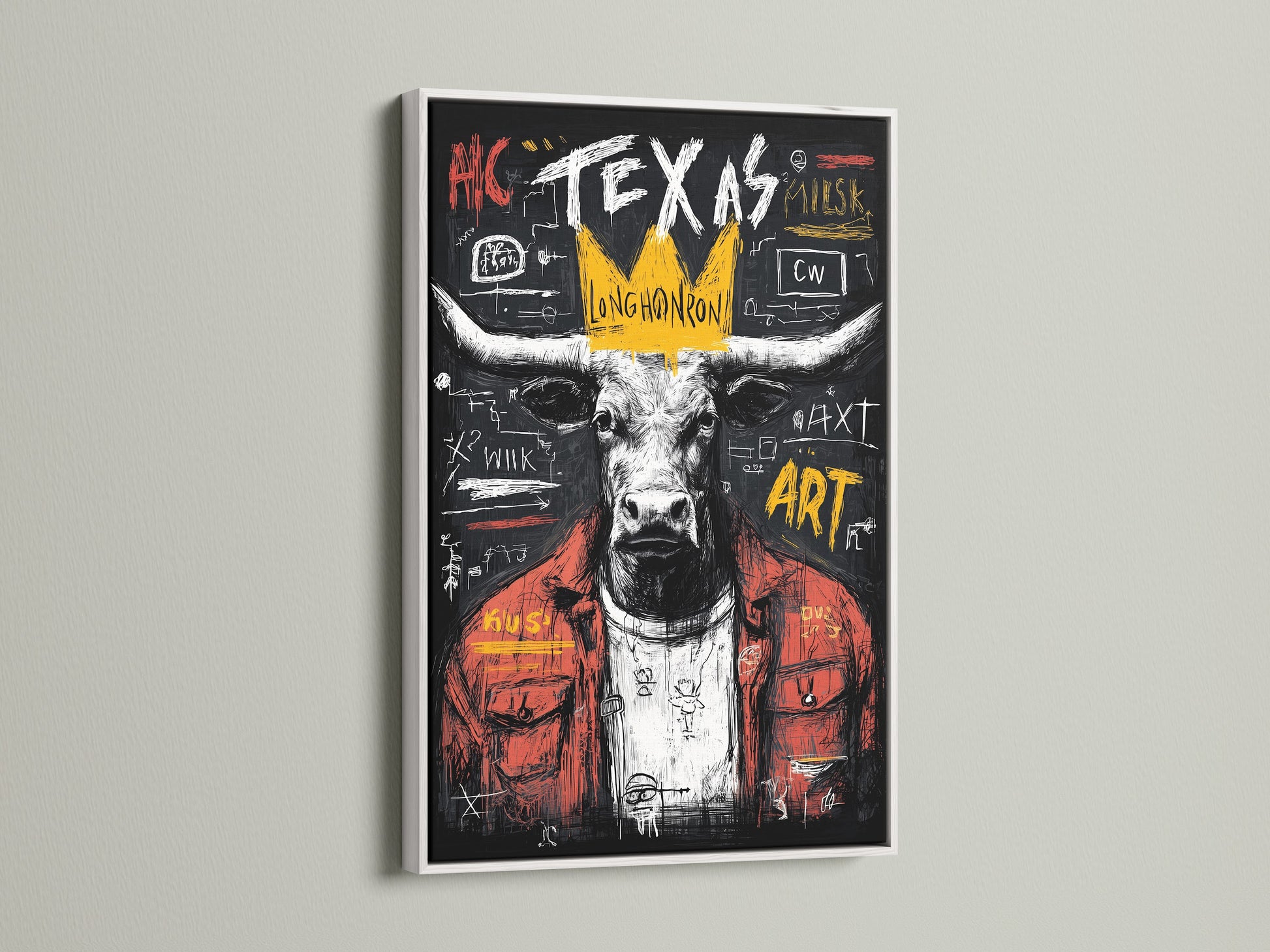This Texas Longhorn bull artwork looks amazing in a white frame. The contrast of the graffiti wall art against the clean white frame makes it pop. A perfect piece of Texas wall decor.