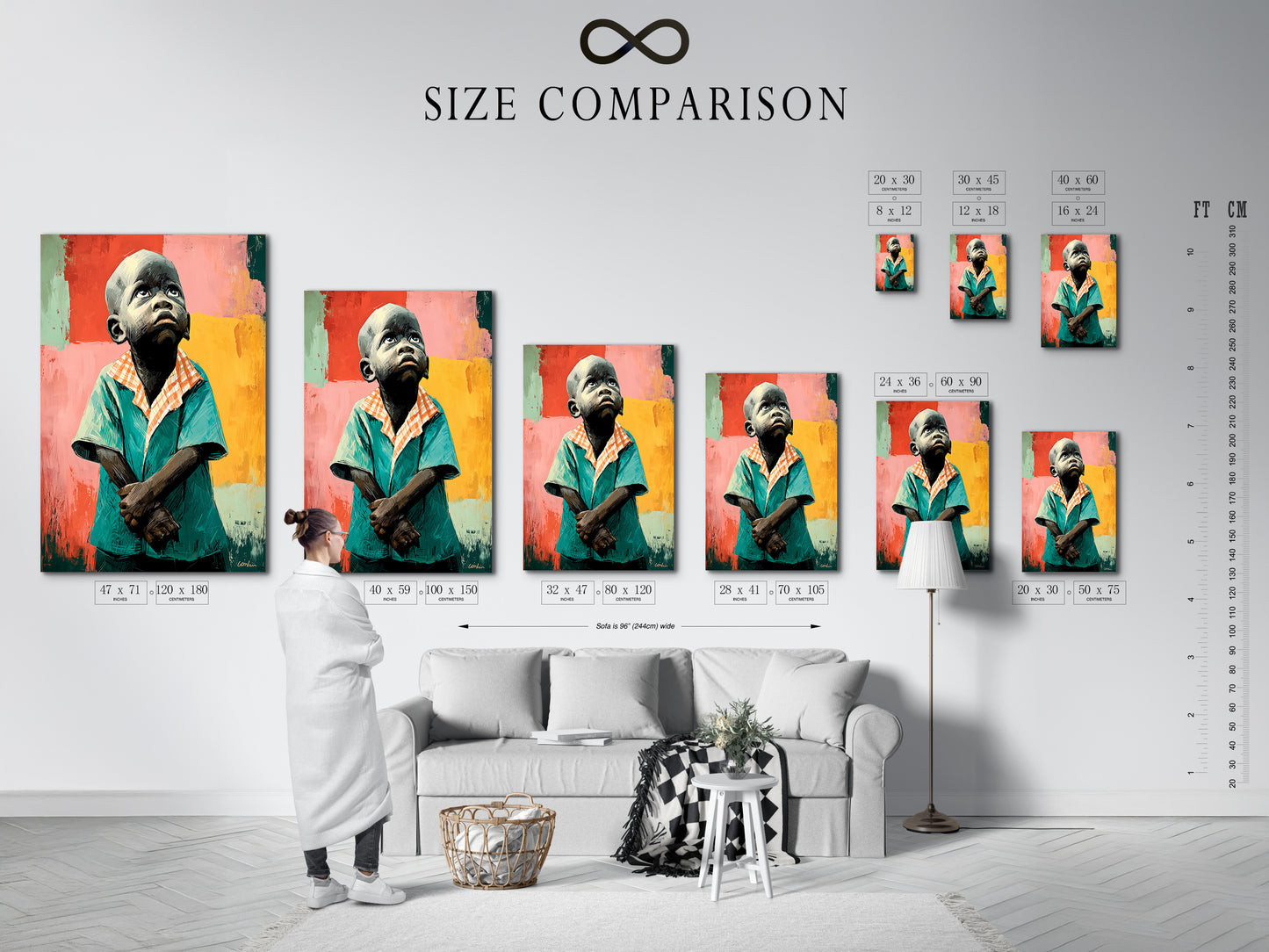 This is a size comparison chart in an interior setting. It demonstrates how the Thoughtful Boy artwork fits in different spaces. Visualize the teal and coral wall art in your room. Choose the perfect size for your study room decor. See how this portrait canvas enhances your modern wall art.