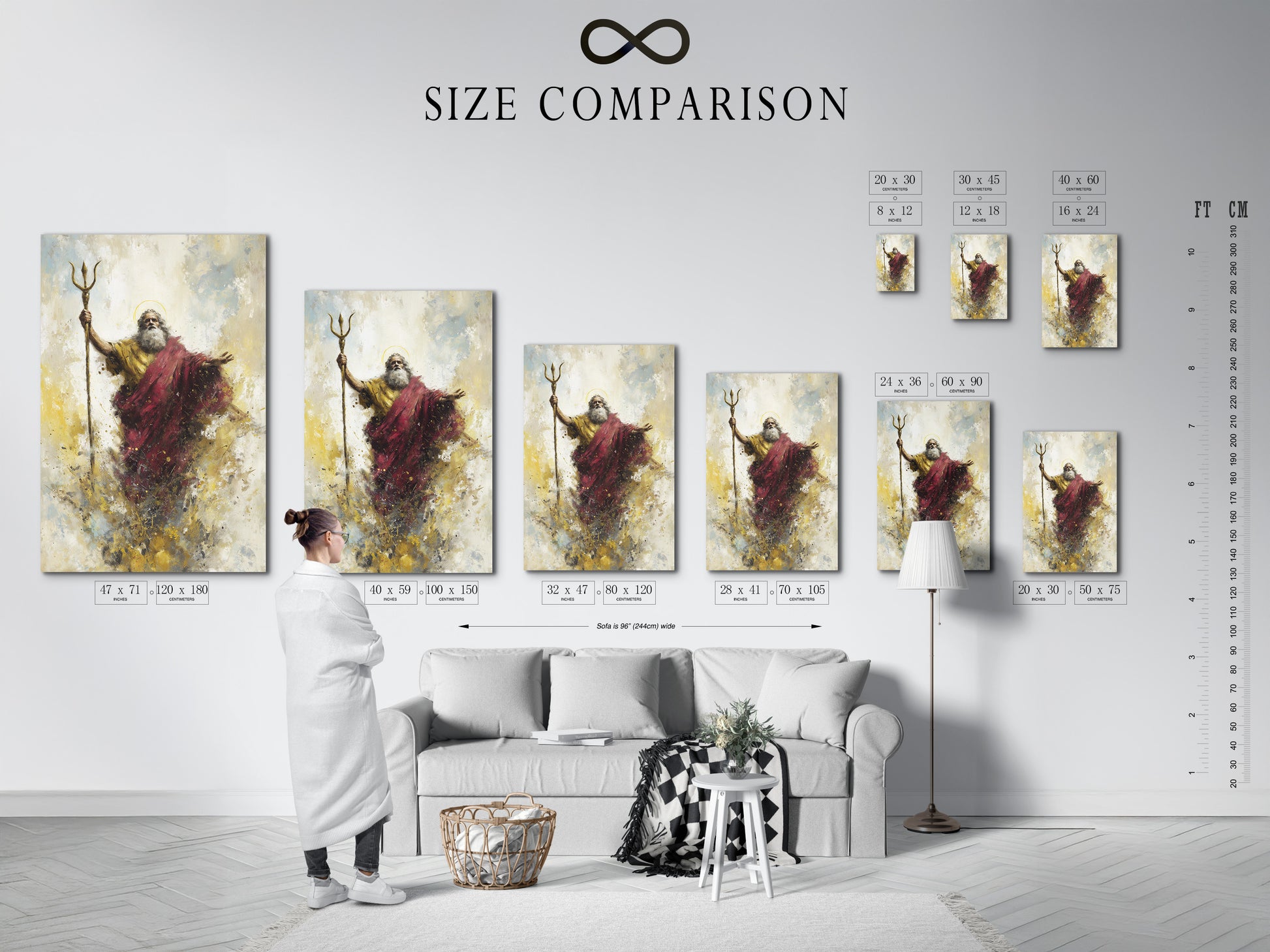 A size comparison chart is shown in an interior. The chart helps visualize art dimensions. See how different sizes fit in a room. The chart is useful for planning art purchases.