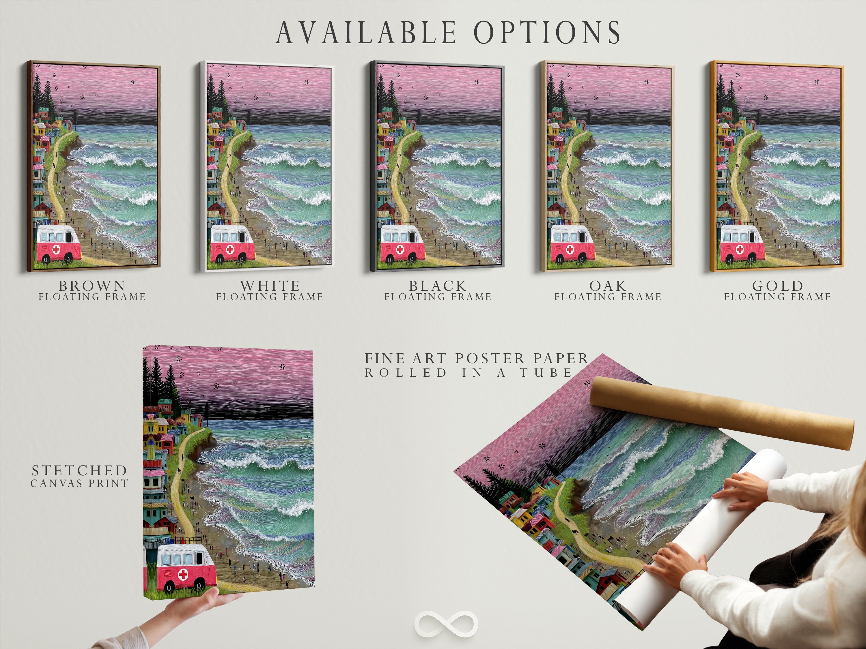 Explore available options for coastal village art. Choose from stretched canvas prints. Fine art poster paper or floating frames are also available. Each option features a vintage van and ocean waves. Perfect for creating your ideal whimsical seaside decor.