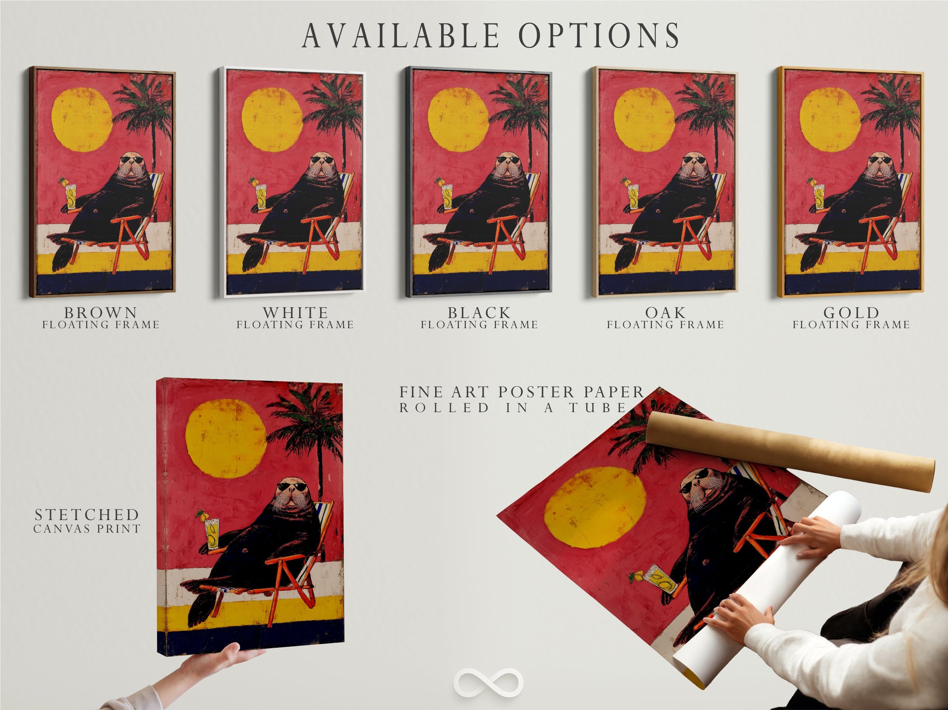 Available options for the Walrus Beach artwork. Options include a stretched canvas print. There is also fine art poster paper and a floating frame. Customize your wall decor to suit your style. It's perfect for homeowners and renters.