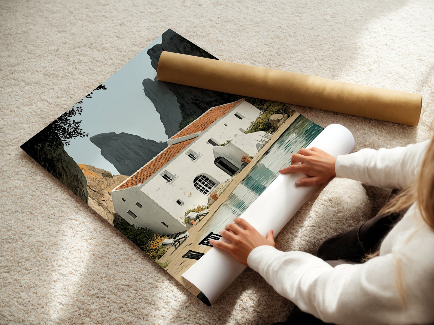 A woman is carefully rolling a fine art poster paper. The paper showcases coastal villa artwork. She is preparing it for shipping or framing. This fine art poster paper captures the essence of the Mediterranean sea wall art. Perfect for your home.