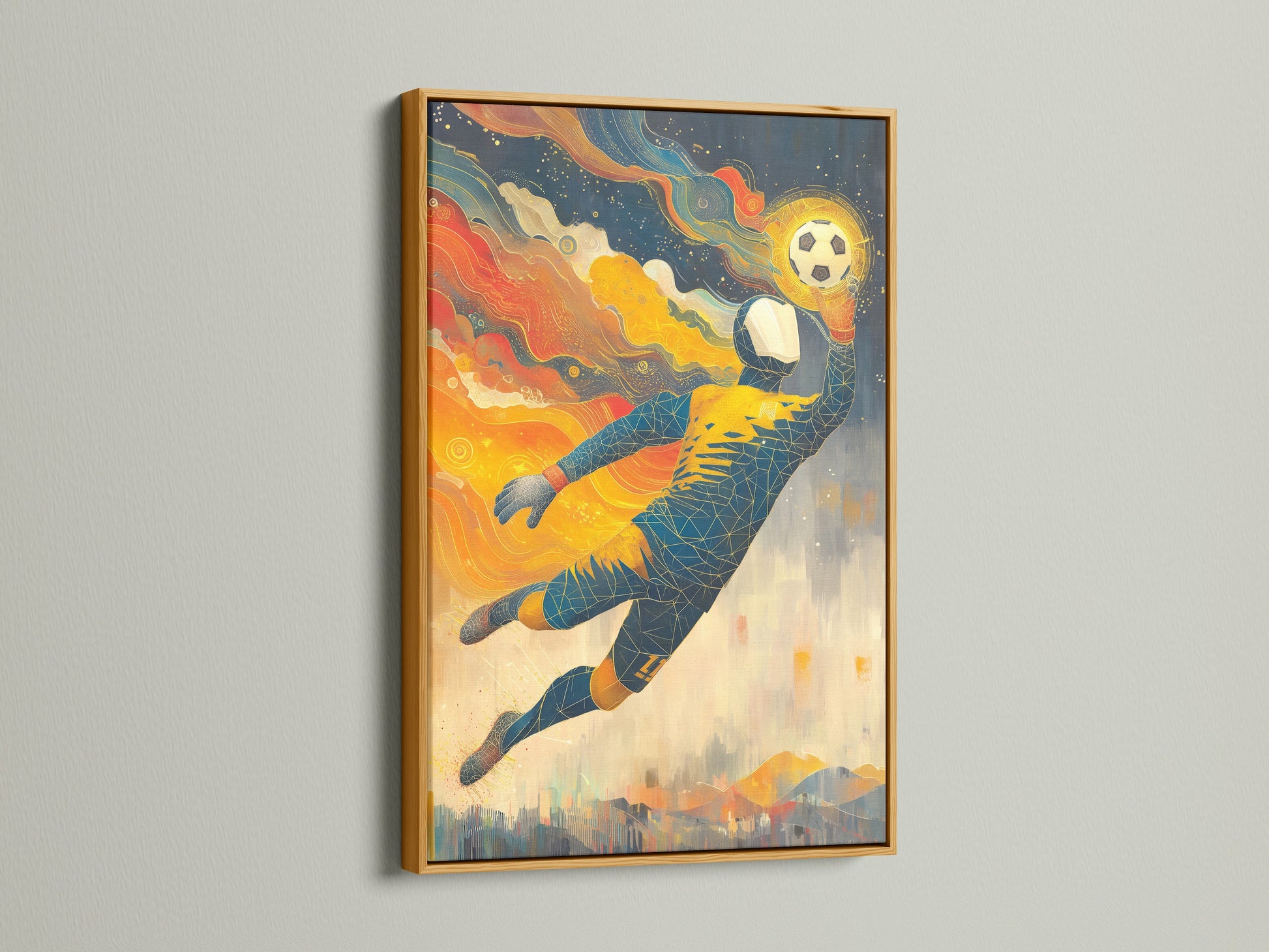 A soccer goalkeeper artwork is displayed in a gold frame. This sports wall decor adds a touch of luxury. The football player poster is perfect for a boys room. This athletic artwork makes a statement in any sports themed space. It is great for teen room decor.
