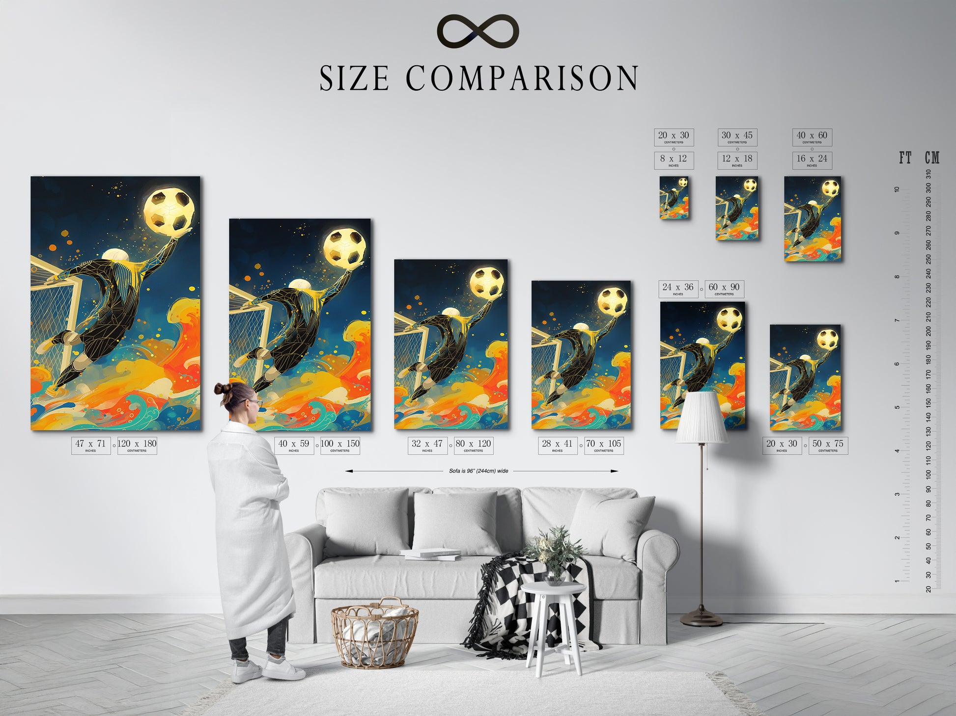 This is a size comparison chart displayed in an interior setting. You can visualize how the soccer goalkeeper artwork fits. It helps choose the perfect dimensions for a playroom or sports-themed bar. Plan your sports wall decor with confidence.