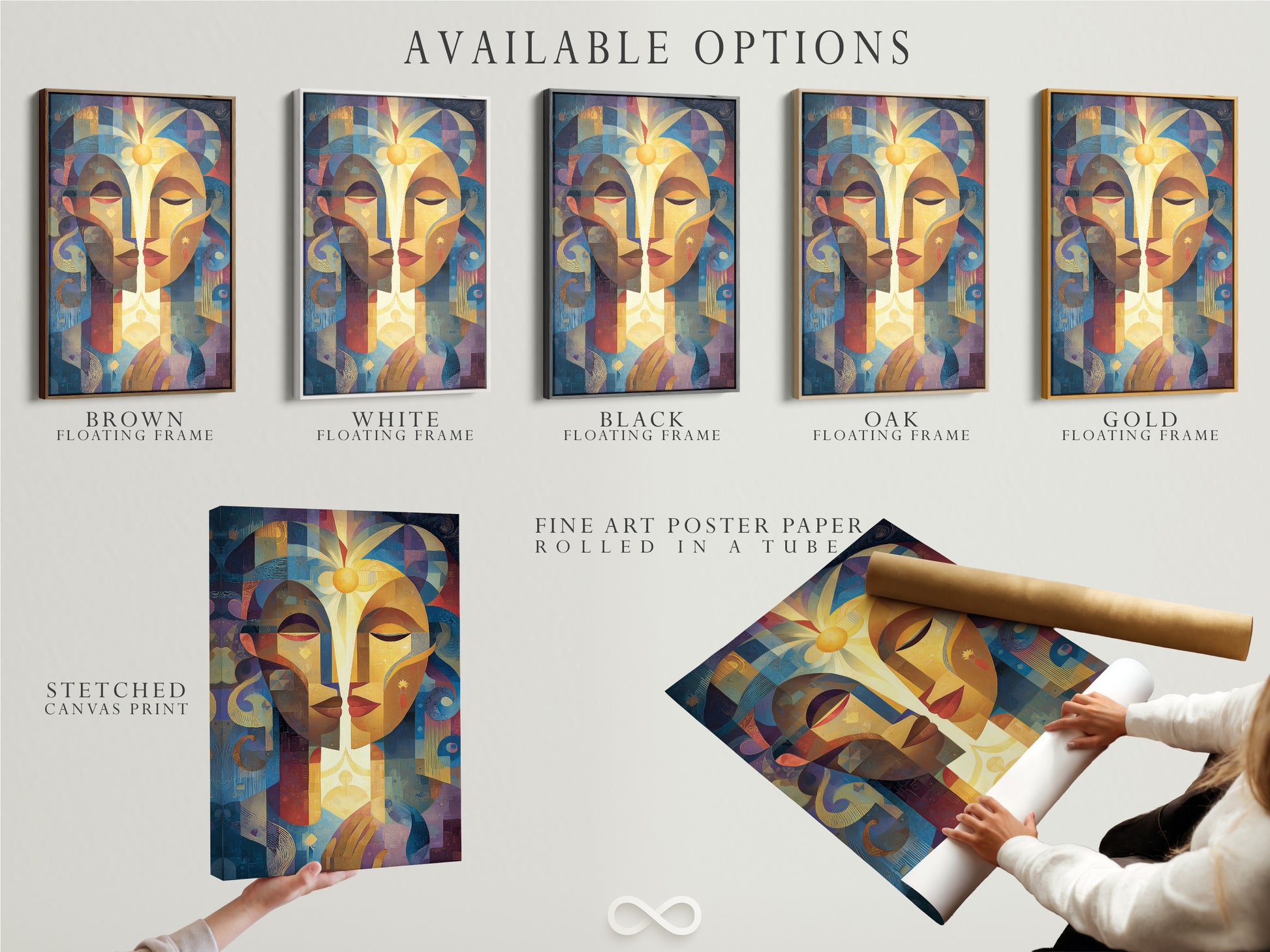Explore available options for your artwork. Choose from stretched canvas prints and fine art poster paper. Opt for a classic or floating frame. Customize your art to match your style. Create unique art.