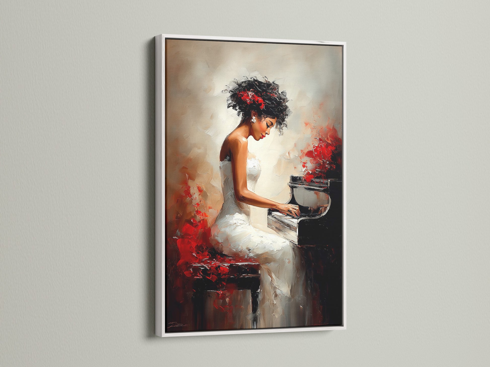 Artwork featuring a woman playing the piano in a white frame. The white frame offers a clean and modern look. This piece complements any interior decor. It is a sophisticated choice for art lovers. The artwork brings a sense of calm and beauty. The frame enhances the artwork's details.