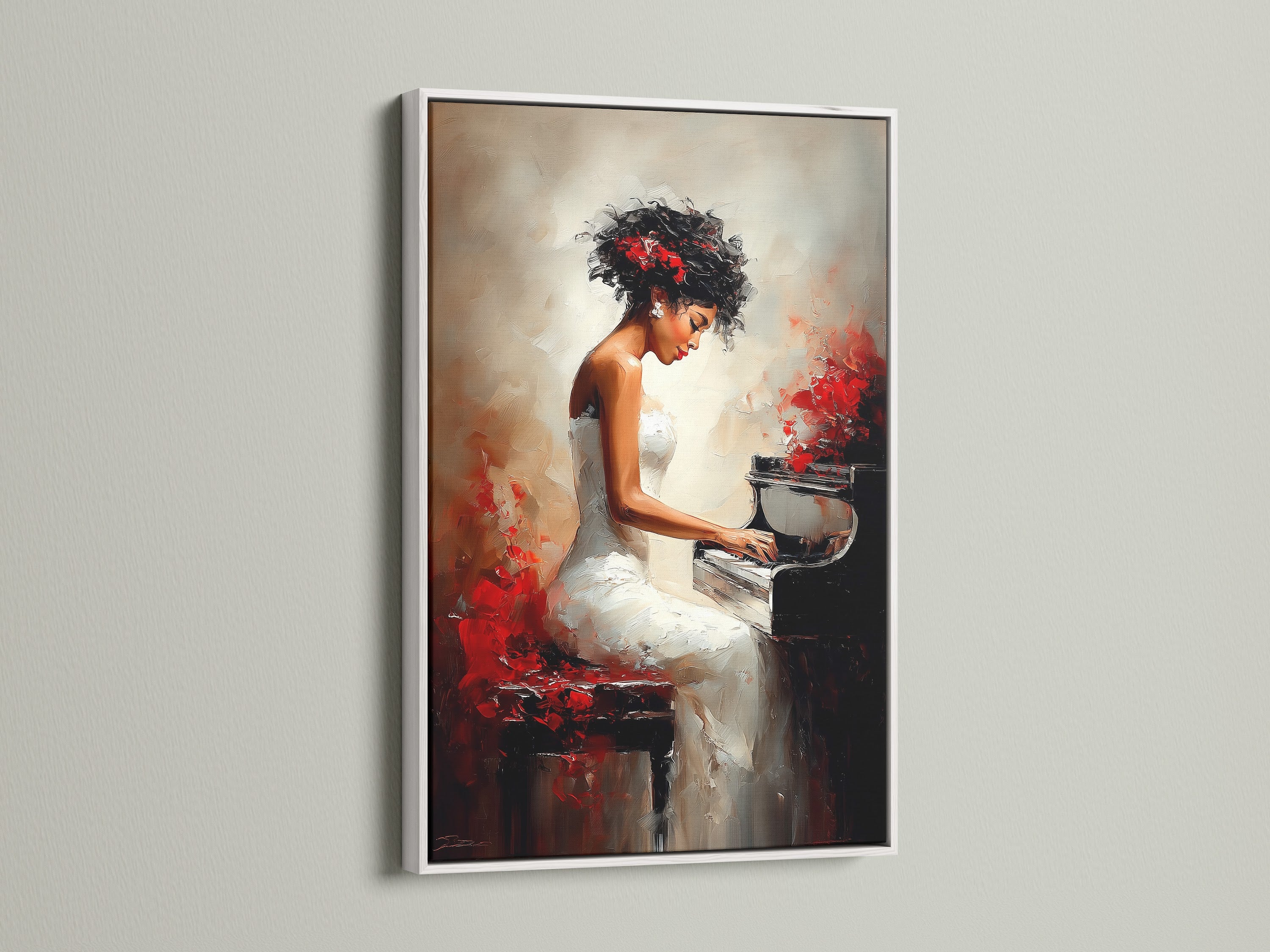 Artwork featuring a woman playing the piano in a white frame. The white frame offers a clean and modern look. This piece complements any interior decor. It is a sophisticated choice for art lovers. The artwork brings a sense of calm and beauty. The frame enhances the artwork's details.