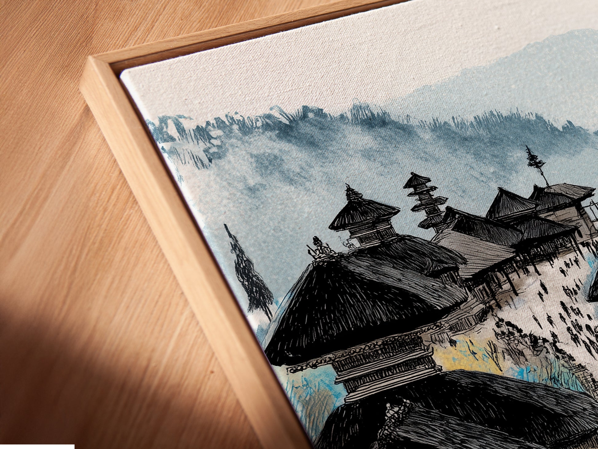 A close-up of the Balinese Temple canvas print in a floating frame. The floating frame gives a modern touch to this Asian architecture wall art. It's perfect for those seeking unique cultural artwork. This travel photography brings Balinese culture to your walls.