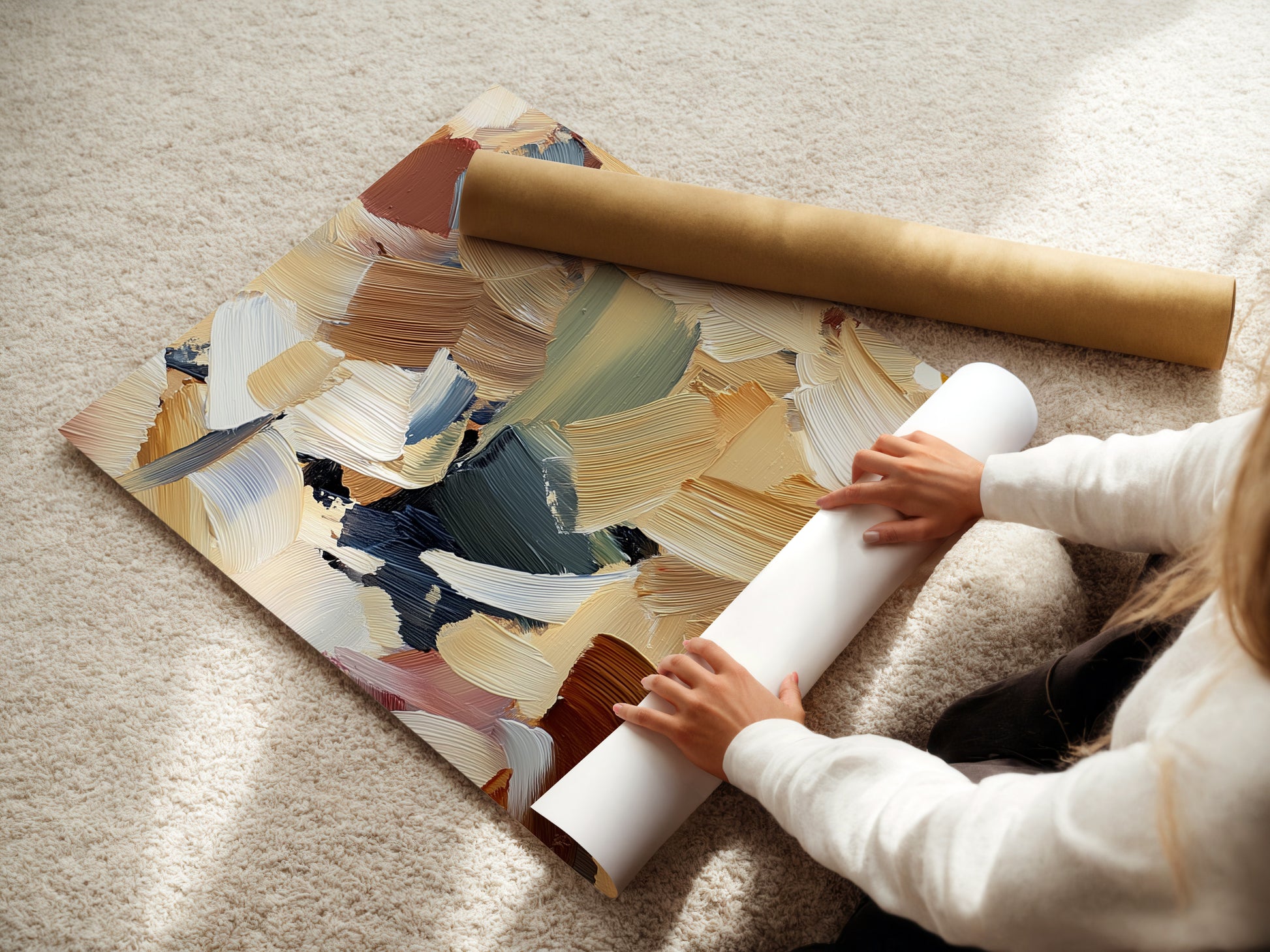 A woman is carefully rolling a fine art poster paper. The paper has a smooth texture. The woman is handling it with care. Preserve your artwork with high-quality poster paper. Order your fine art prints today for lasting beauty.