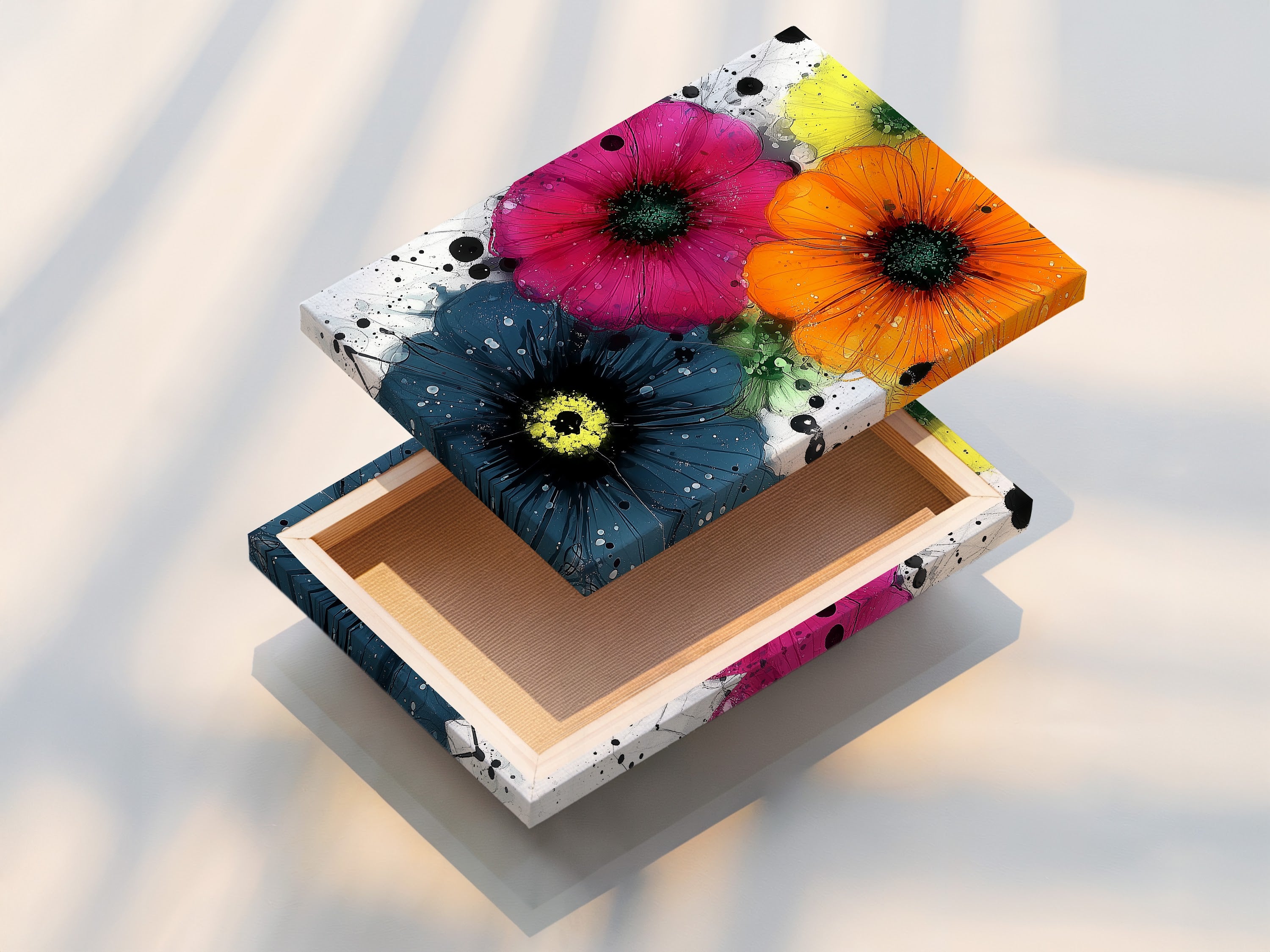 A stretched canvas print showcasing vibrant flower artwork. This colorful botanical wall art features orange pink and blue flowers. The artwork complements minimalist Scandinavian or eclectic interiors. Perfect for living room wall decor bedroom art office art studios lobbies clinics and spas.