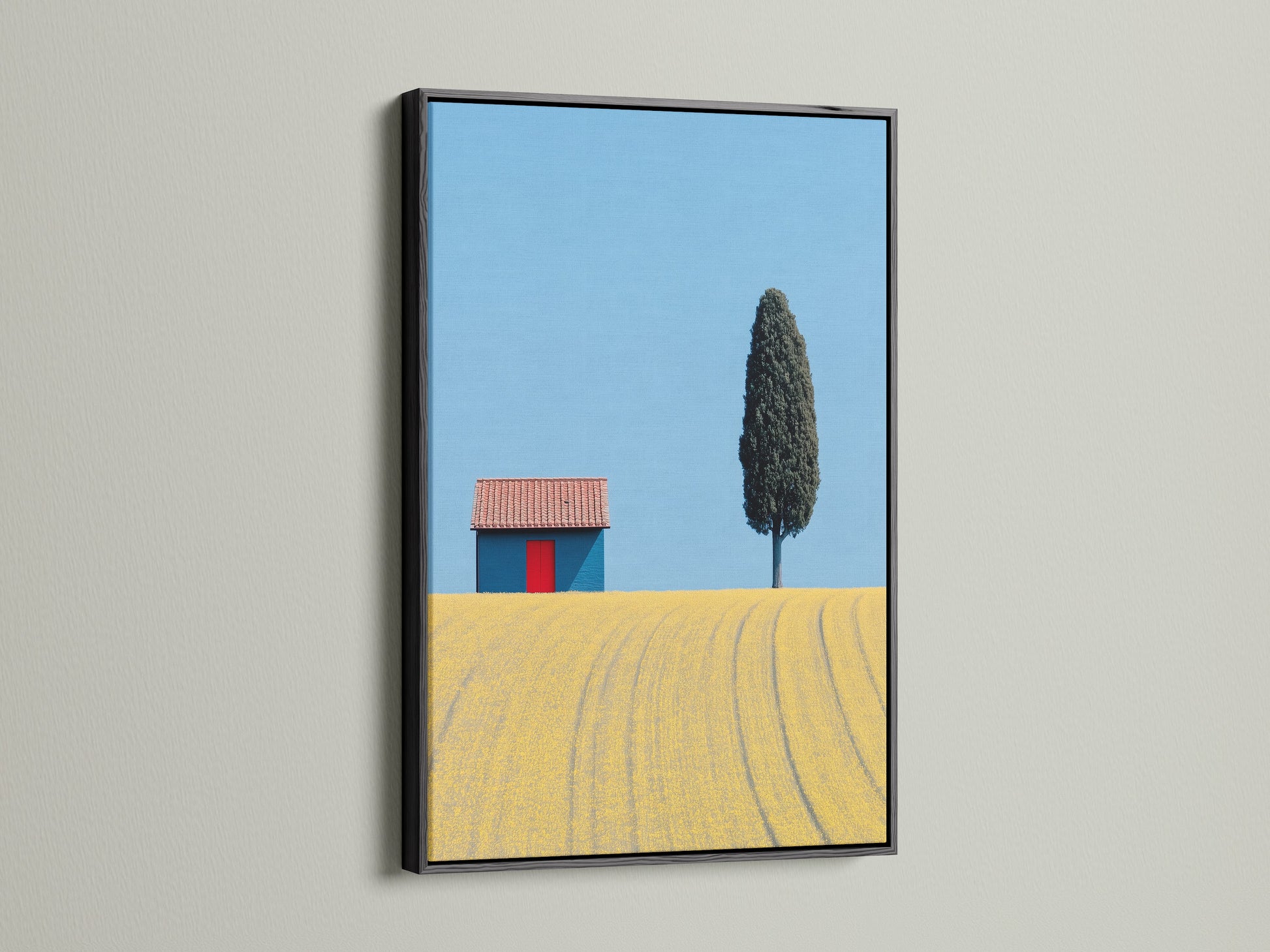 Tuscany Landscape artwork with a black frame. This Italian art features a scenic landscape print. The blue sky and yellow field create a striking contrast. Enhance your office decor with this countryside art.