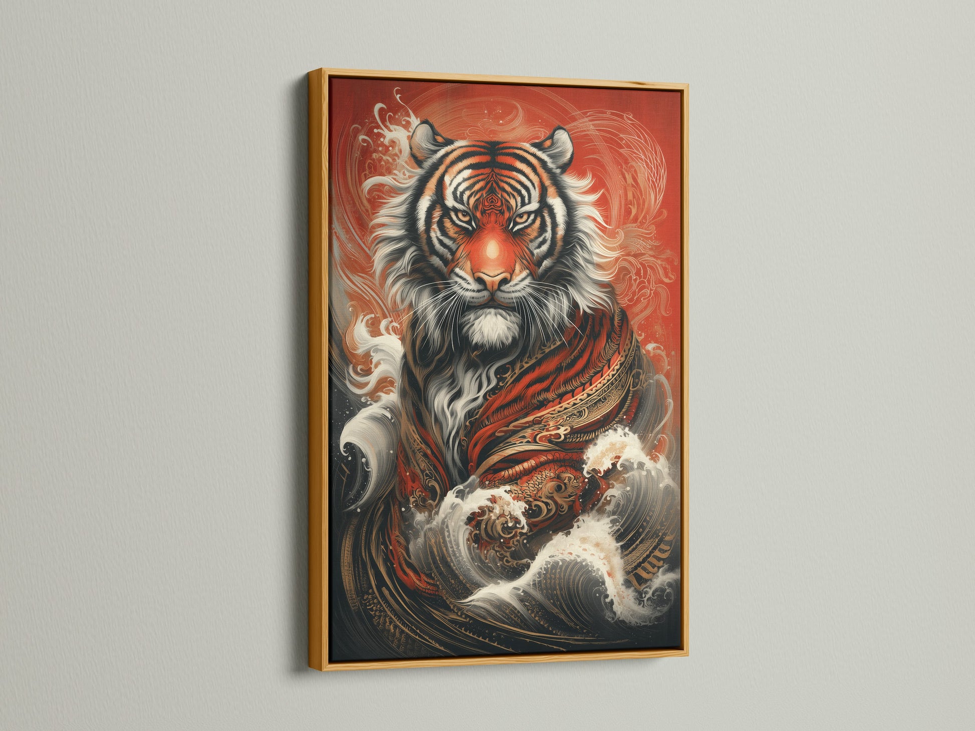 Bring a luxurious touch to your walls with this tiger art print. The artwork is framed in gold. This Asian inspired artwork adds a rich accent to your decor. Perfect for creating a maximalist or art deco style. The tiger poster is ideal for your living room.