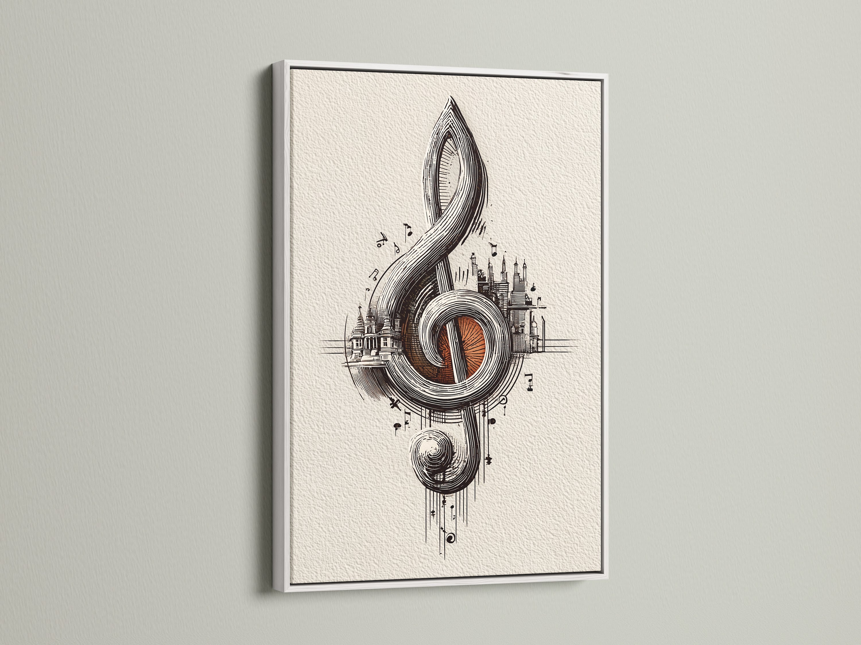 Treble clef musical artwork in a white frame. The crisp white frame accentuates the ornate art print. This music themed decor is ideal for music teachers and students. It's a stylish gift for composers and music lovers alike.