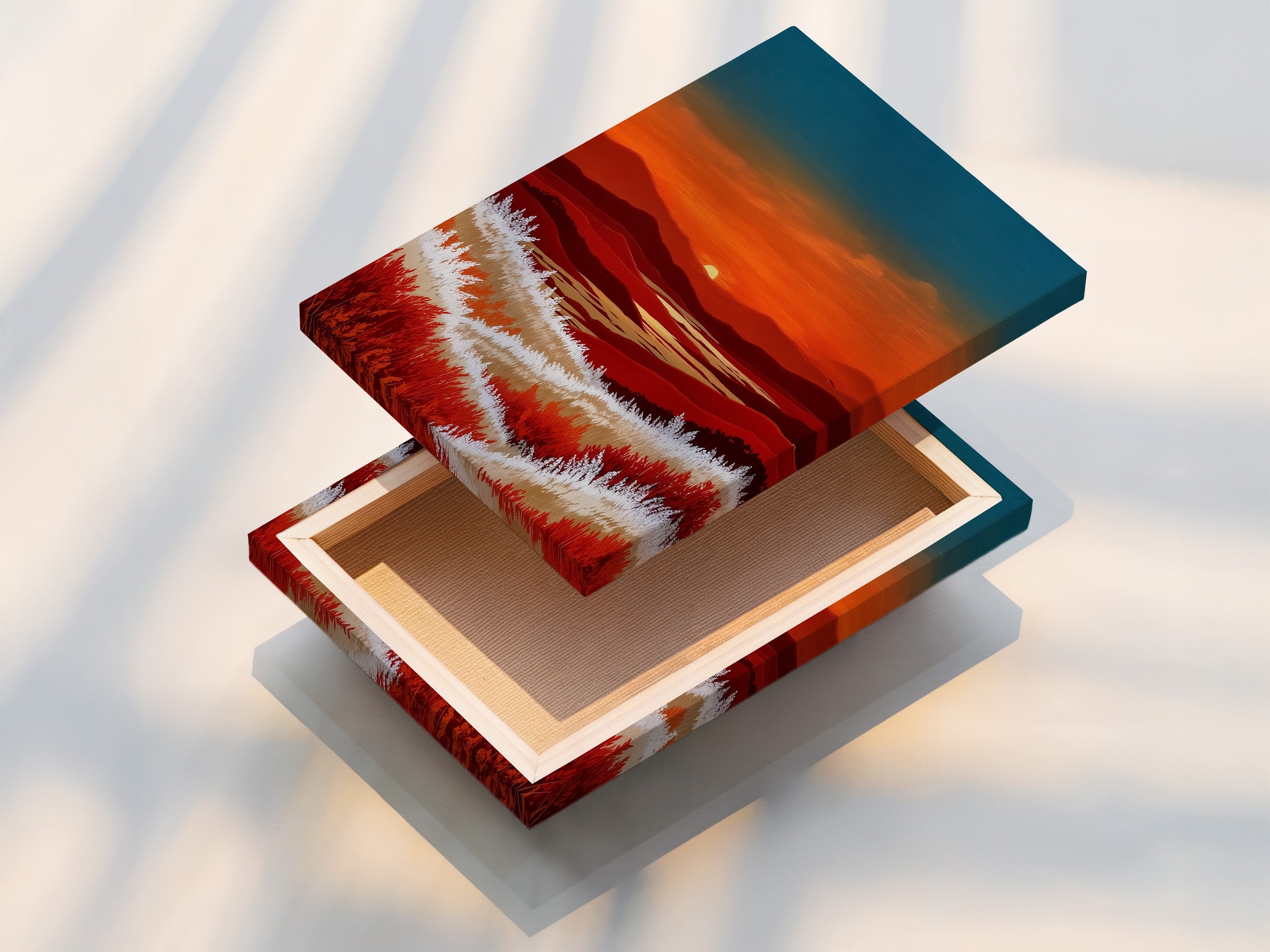 This is a stretched canvas print featuring a mountain sunset. The canvas print offers a textured and gallery-worthy look. The warm orange and teal colors bring a sense of nature indoors. It's a great way to add a modern landscape to your living room or bedroom. It creates a warm and inviting atmosphere.