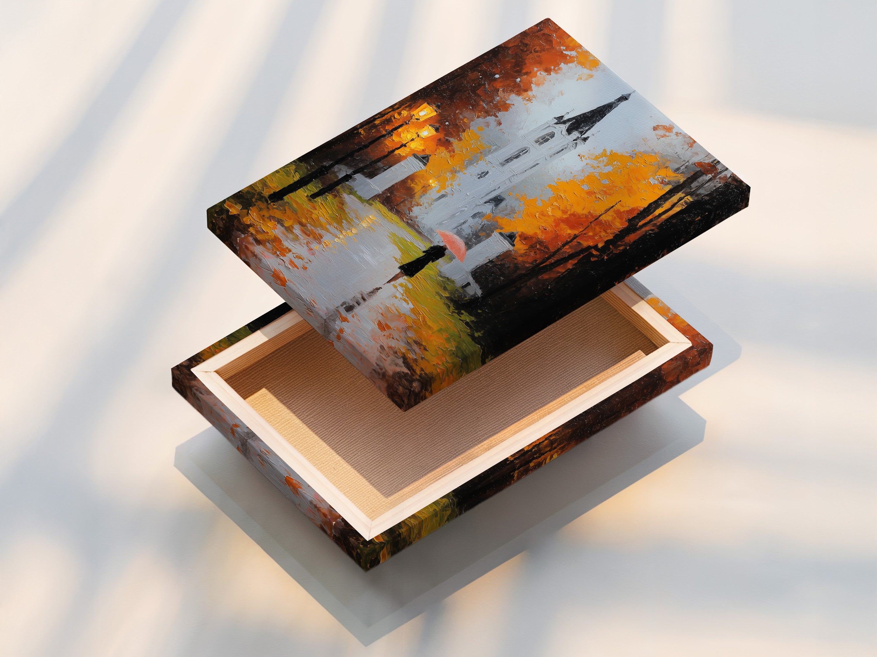 Stretched canvas print displayed on a wall. The artwork features a building and a person with an umbrella. The stretched canvas provides a gallery-like appearance. Ready to hang and enjoy.