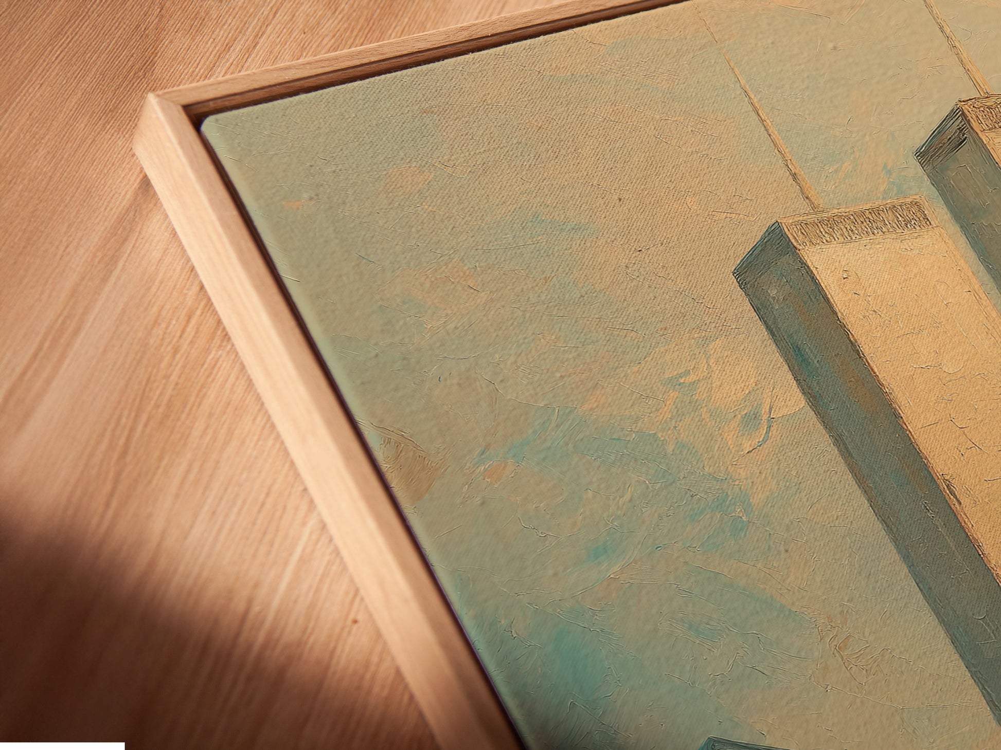 A close-up of a canvas print in a floating frame. Featuring the NYC Skyline and Twin Towers. This adds depth to the vintage Manhattan cityscape. A modern way to display art. Perfect for any contemporary space.